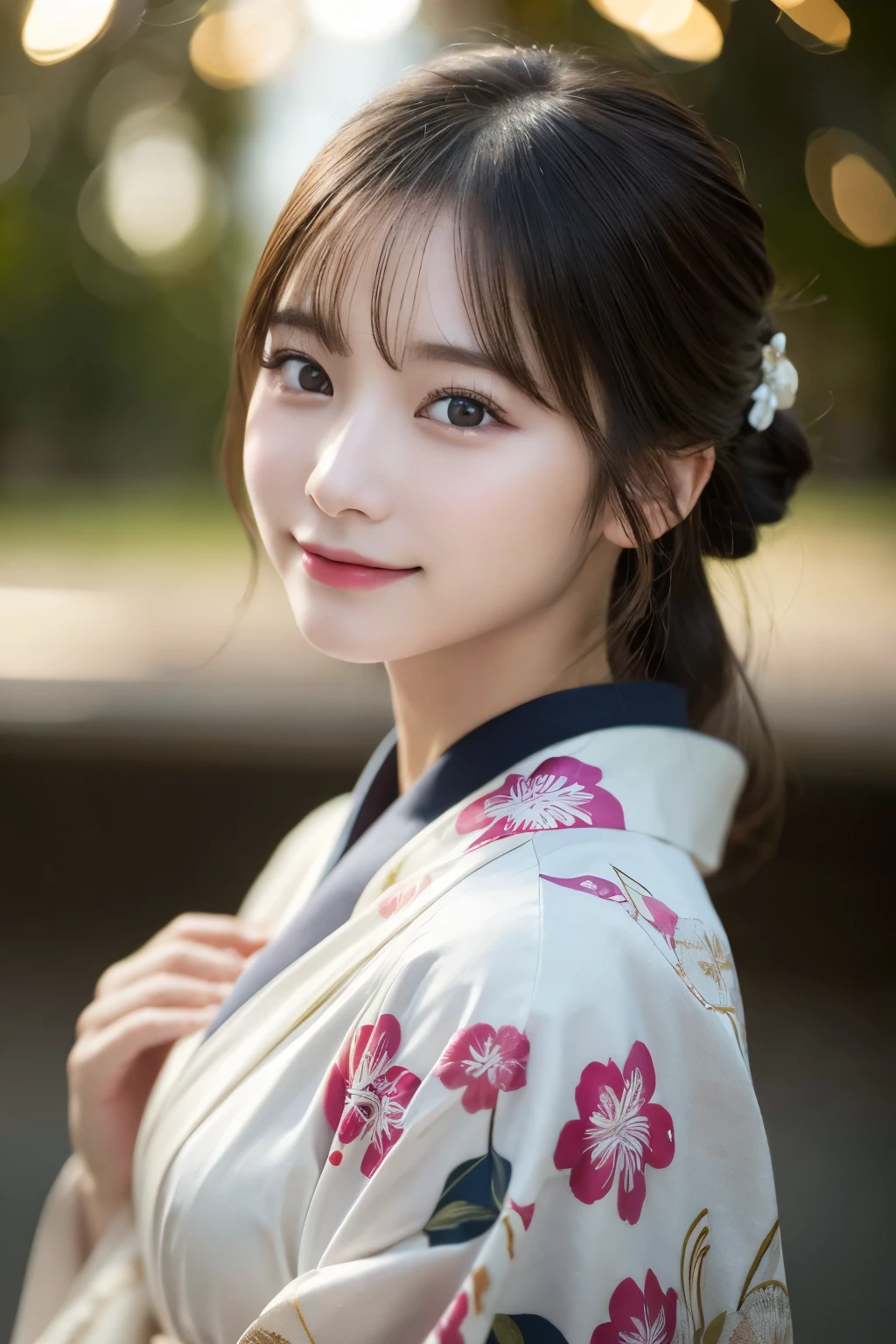 (kimono)、(highest quality、8k、High resolution、masterpiece:1.2)、Very detailed、(Realistic、photoRealistic、photo-Realistic:1.3)、Bokeh、Cinema Lighting、smile、(Beautiful and detailed eyes、beautiful girl、Young face、Detailed face、No makeup)、A little backlight、Depth of written boundary、chromatic aberration、Use natural light and color、Natural Shading、Caustics
