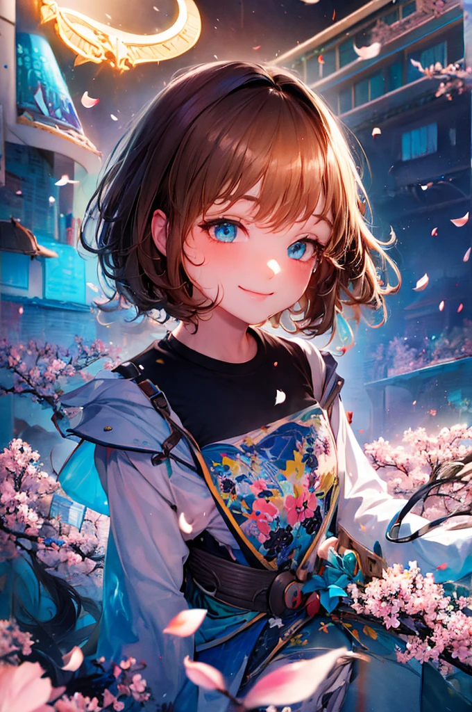 (extremely detailed 8k wallpaper),Complex, High detail, dramatic,8k,((masterpiece,ultra-detailed, Complex details, medium quality,shape)),One Girl, alone, High resolution, Show Viewer, (Brown Hair)，Pastel blue hair, short hair,Black T-shirt,smile ,street, cherry blossoms, Petals falling, Sunlight shines in, solar system, feminine, Empowered, beautiful, detailed, blush, cute