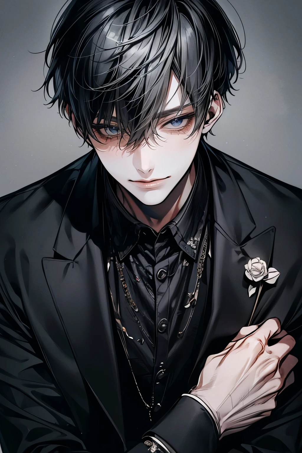 (Mastepiece), (Best Quality), Very detailed, ((Two Men:1.5)), Perfect Face, Beautiful Face, Very detailedな顔，(Black-haired man:1.3)，(Grey-haired man:1.3)，suit，shirt，smile