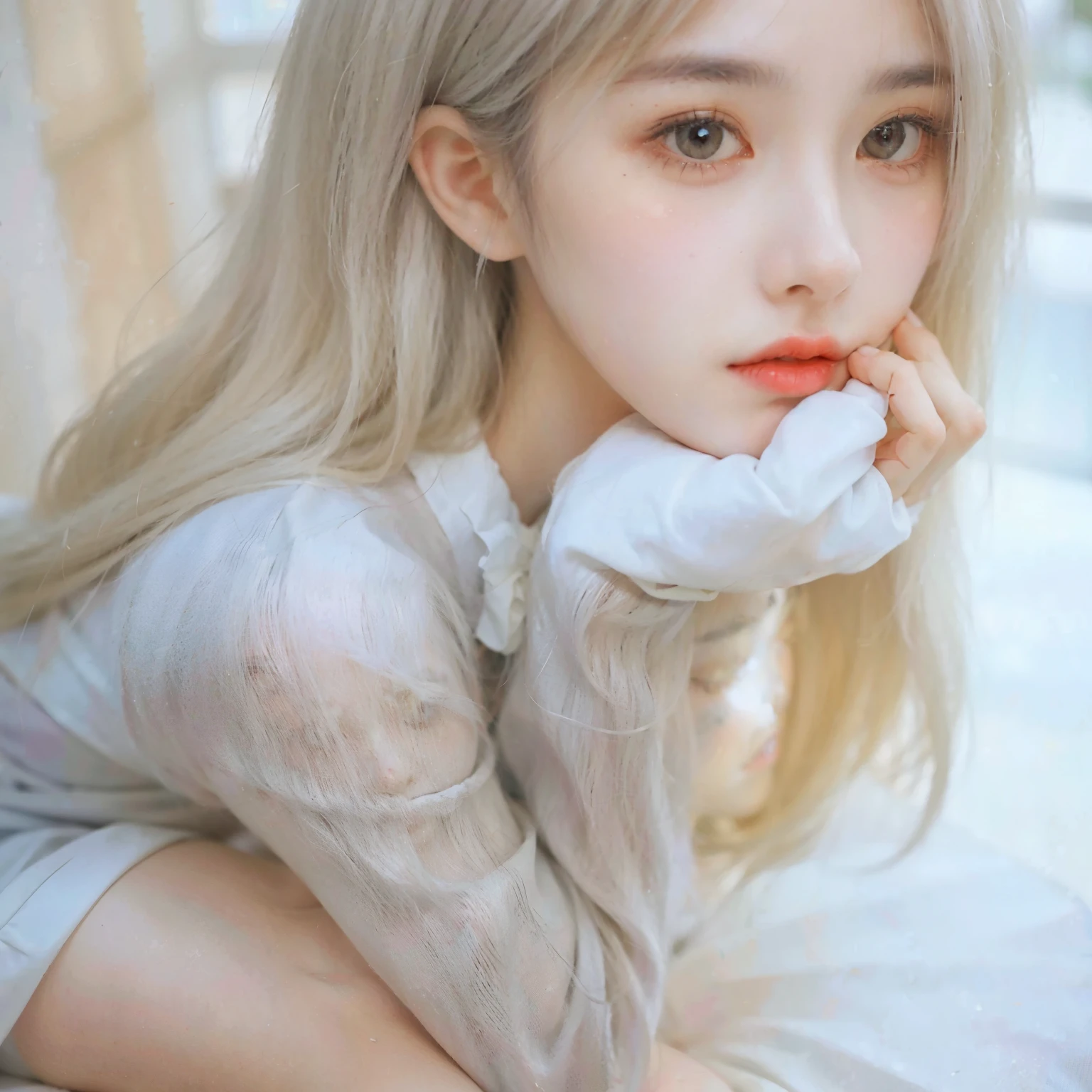 A blonde girl wearing a pink bow and headband poses for a photo., Linda Delphine, White hime cut hairstyle, branch range, fairy core, long white hair and bangs, pale porcelain white skin, her hair is white, gray hair, pale hair, perfect gray hair, very pale blonde, Kawaii Aesthetics, Lolita Style, ivory pale skin