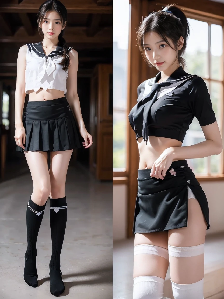((((8k))),((Extremely detailed CG)) ,(high school girl:1.2)),16k,((Very sophisticated and beautiful))，(((masterpiece))),(((highest quality))),(((超High resolution))),Beautiful lighting,Perfect Lightning,Realistic shadows,[High resolution],(Smooth and perfect white skin:1.5),(Pale skin:1.3),Extremely detailed facial details,(Perfect body:1.1),Super detailed,Beautiful woman,alone,Small Head,(ponytail、medium hair:1.5),Small face,Exquisite makeup,(Medium chest,Small waist:1.1),slim,thin,Happy,(smile:1.0),(Thin legs:1.1),(whole body:1.1),(Gaunt:1.1 ), (Skinny:1.1),(A tight fitting black sailor suit:1.1),((underboob:1.4)),((belly button:1.4)),((,Black Plate Short Skirt:1.4))((Fleet Collection,Kantai Collection,Yao:1.2)),((Black knee-high socks:1.4)),((standing,multiple views:1.4)),((White triangle tie:1.1）