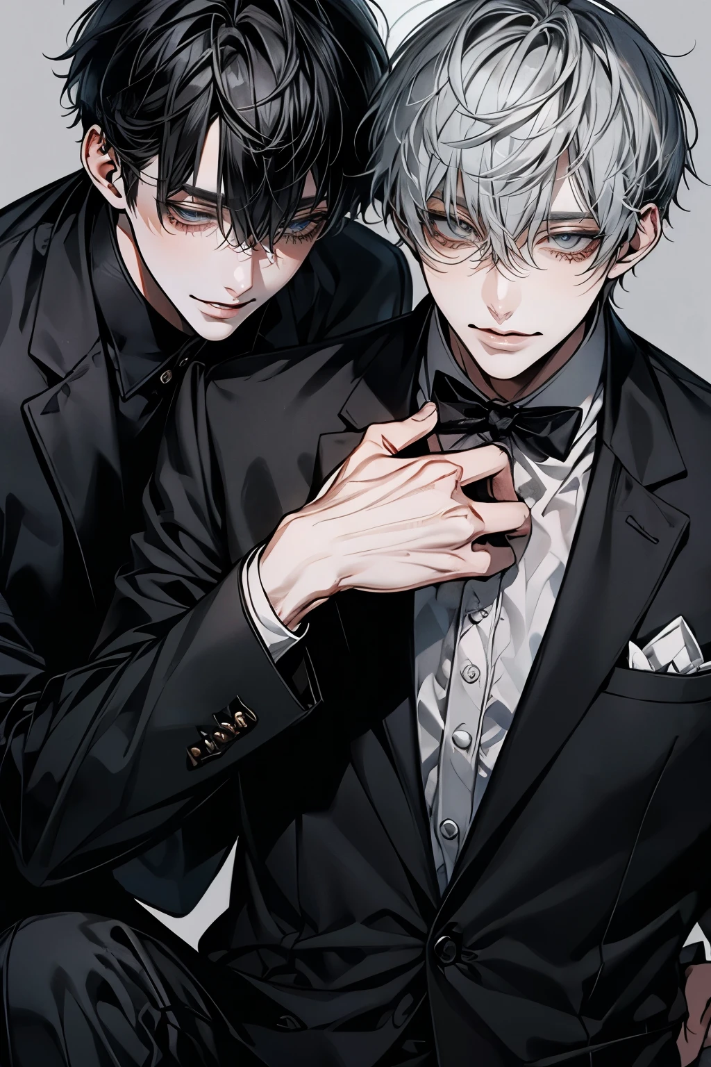 (Mastepiece), (Best Quality), Very detailed, ((Two Men:1.5)), Perfect Face, Beautiful Face, Very detailedな顔，(Black-haired man:1.3)，(Grey-haired man:1.3)，suit，shirt，smile