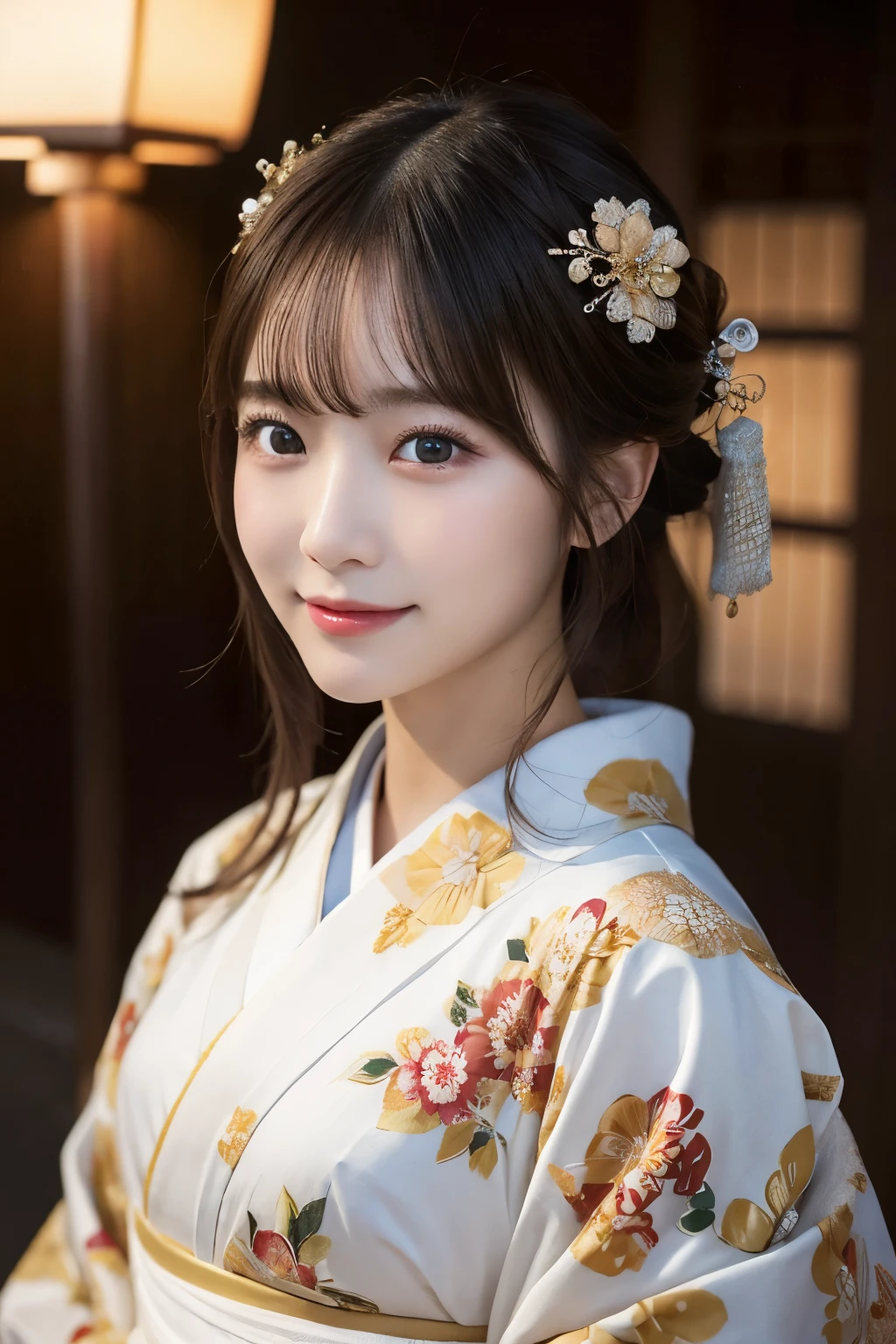 (Wearing formal kimono correctly)、masterpiece、beautiful girl、Beautiful detailed eyes、highest quality, 超A high resolution, (reality: 1.2), Cinema Lighting、(Japanese Girls)、so beautiful、Beautiful Skin、(Looking at the audience)、(Surreal)、(High resolution)、(8k)、(Very detailed)、(Beautiful fine details)、(Very detailed)、 (wallpaper)、Detailed face、Bright lighting、Professional Lighting、Smile