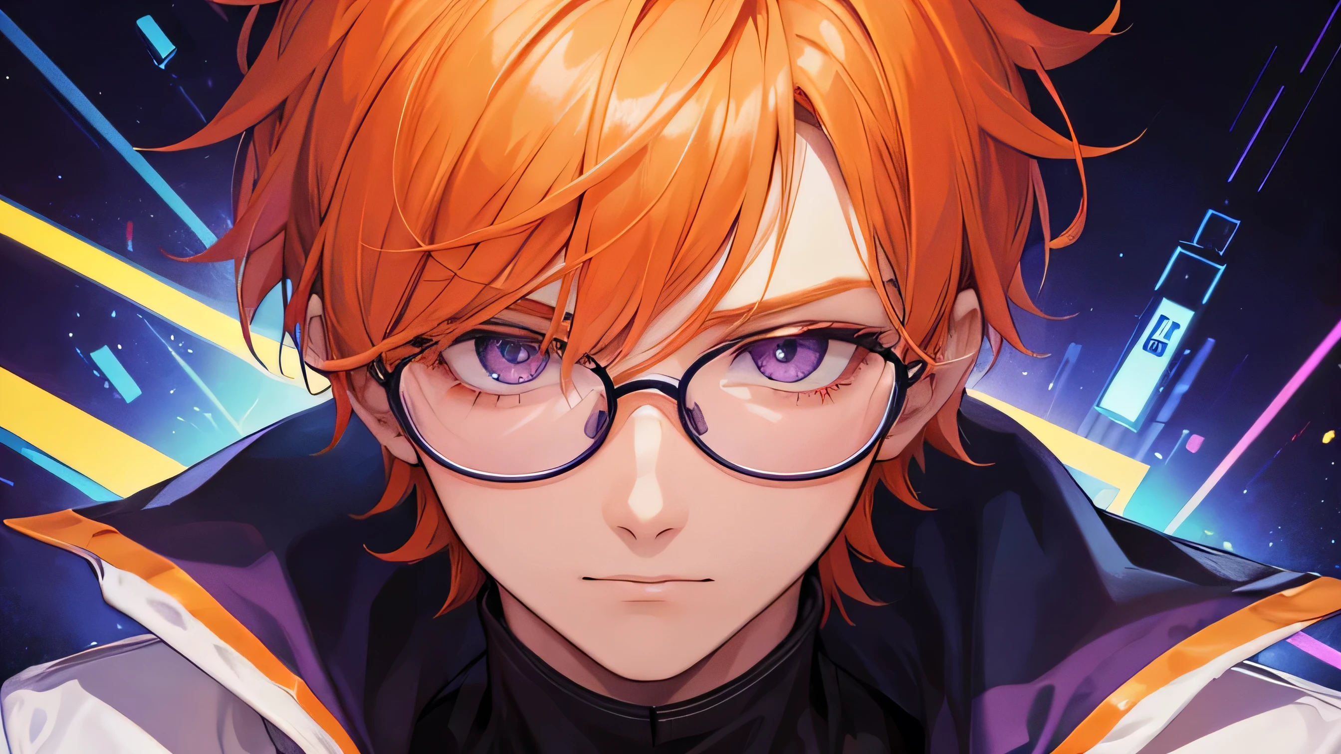 A close up bust up person in jacket, illustration of an orange-haired male character with purple eyes and glasses, His personality is INTJ and intersted in technology.