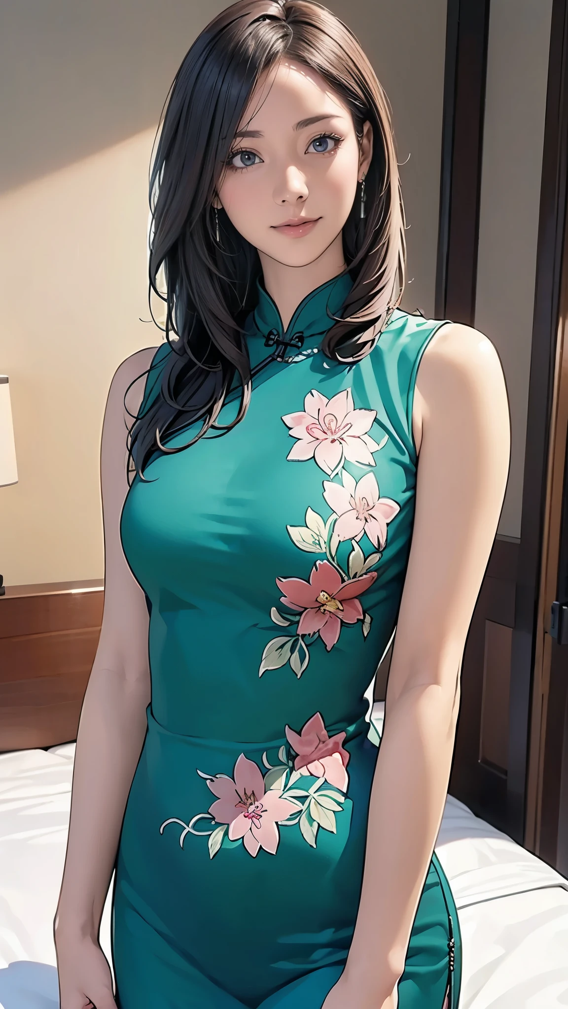 (masterpiece:1.2, highest quality), (Realistic, photoRealistic:1.4), Beautiful illustrations, (Natural Side Lighting, Cinema Lighting), Written boundary depth, Beautiful thighs staring at the viewer, (Face Focus, Upper Body), 1 female，20-year-old，alone，（With background：Hotel Rooms） , Long Hair, Curly Hair, Forehead, Very big , Sleeveless green floral cheongsam, Earrings, Are standing
