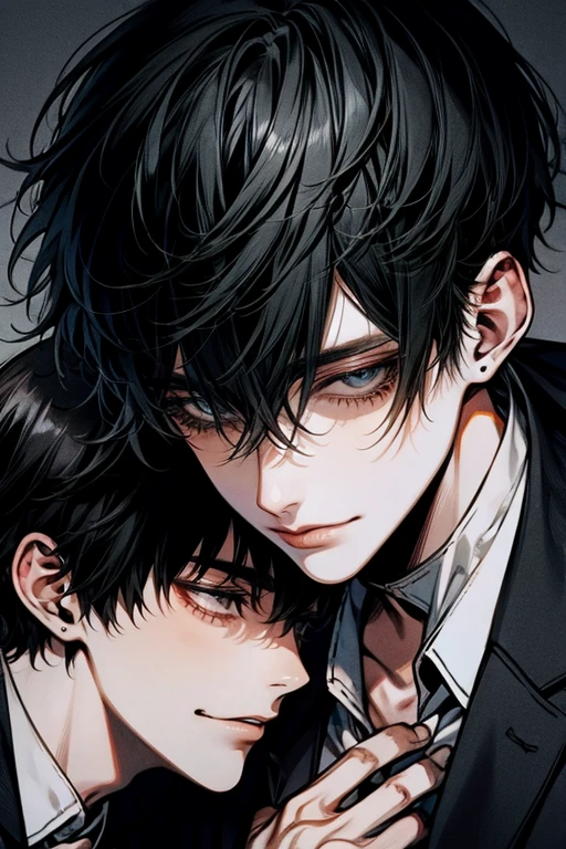 (Mastepiece), (Best Quality), Very detailed, ((Two Men:1.5)), Perfect Face, Beautiful Face, Very detailedな顔，(Black-haired man:1.3)，(Grey-haired man:1.3)，suit，shirt，smile