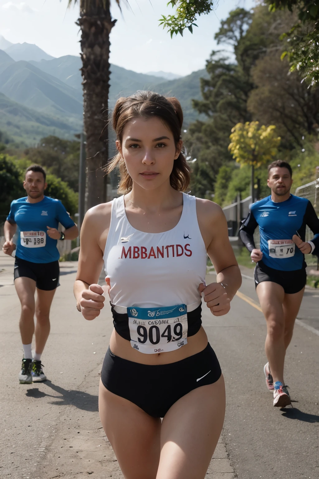 Desenhe uma casal numa cena vibrante de uma corrida em uma estrada arborizada. No centro da imagem, destaque um casal correndo lado a lado. The man is Moreno, com cabelos curtos, wearing a headband. He has the number 1964 on his chest and the name "VALTAIR" written below the number. The woman next to you is white, with long hair that sways when running, also wearing a headband. She has the number 1965 on her chest with the name "Monica" written below the number. Com roupas modernas e coloridas.
Ao redor do casal, draw several other runners to show that it is a busy and lively race. The road must be lined with lush green trees, criando uma atmosfera fresca e natural.
No fundo, adicione a majestosa cordilheira dos Andes, suas montanhas imponentes e cobertas de neve elevando-se ao horizonte, adding spectacular and stunning scenery to the race. The combination of trees and mountains should create a beautiful and inspiring contrast..