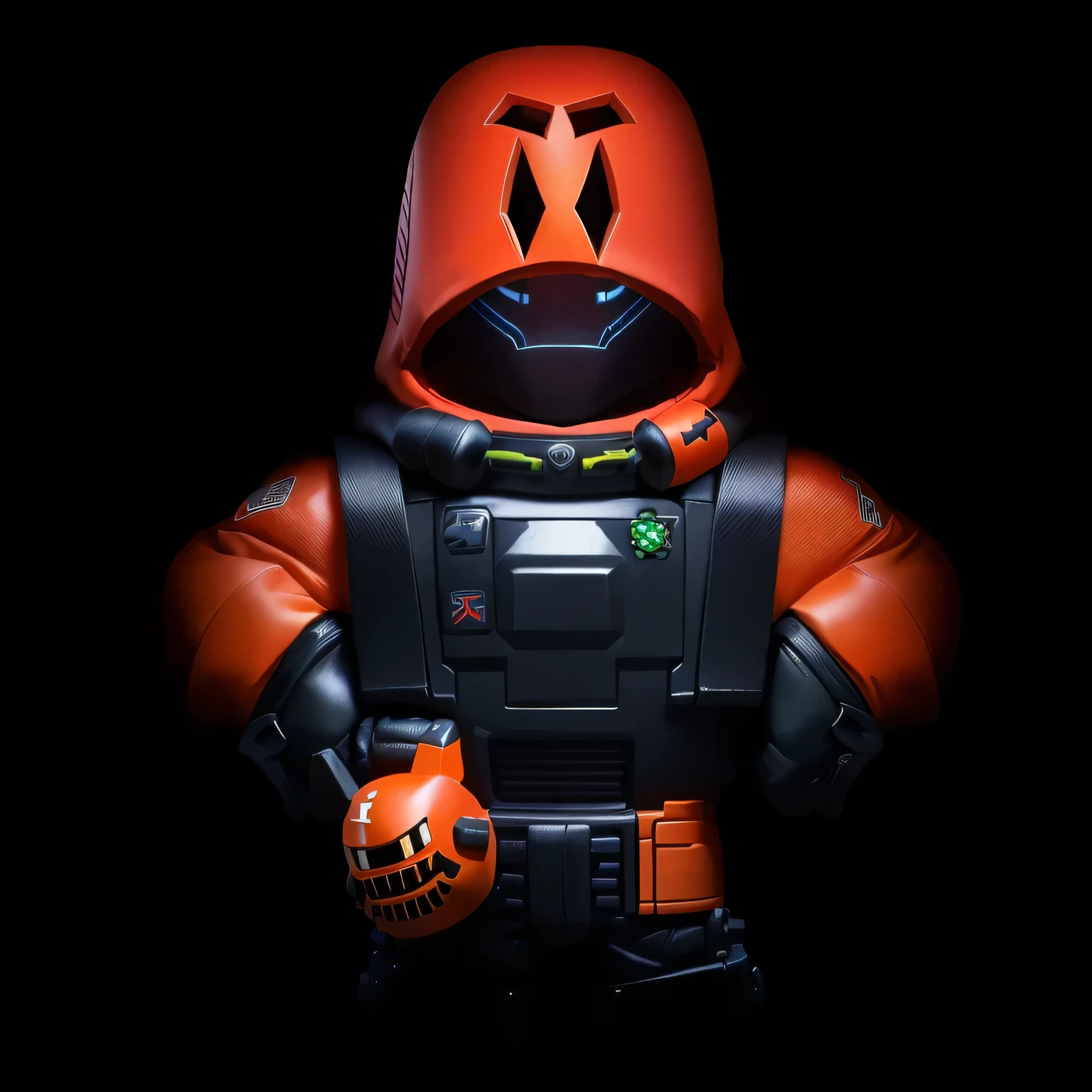 Close-up of a hooded male toy figurine, toonix character, juggernaut, Brawl Stars, The character's name is Chad, Doomguy, main character, Splash Art Brawl Stars, merged characters, Jaja Boonolds Flip Gym Tots, Video Game Characters, Video Game Characters, Villain, Block-shaped, dokev
