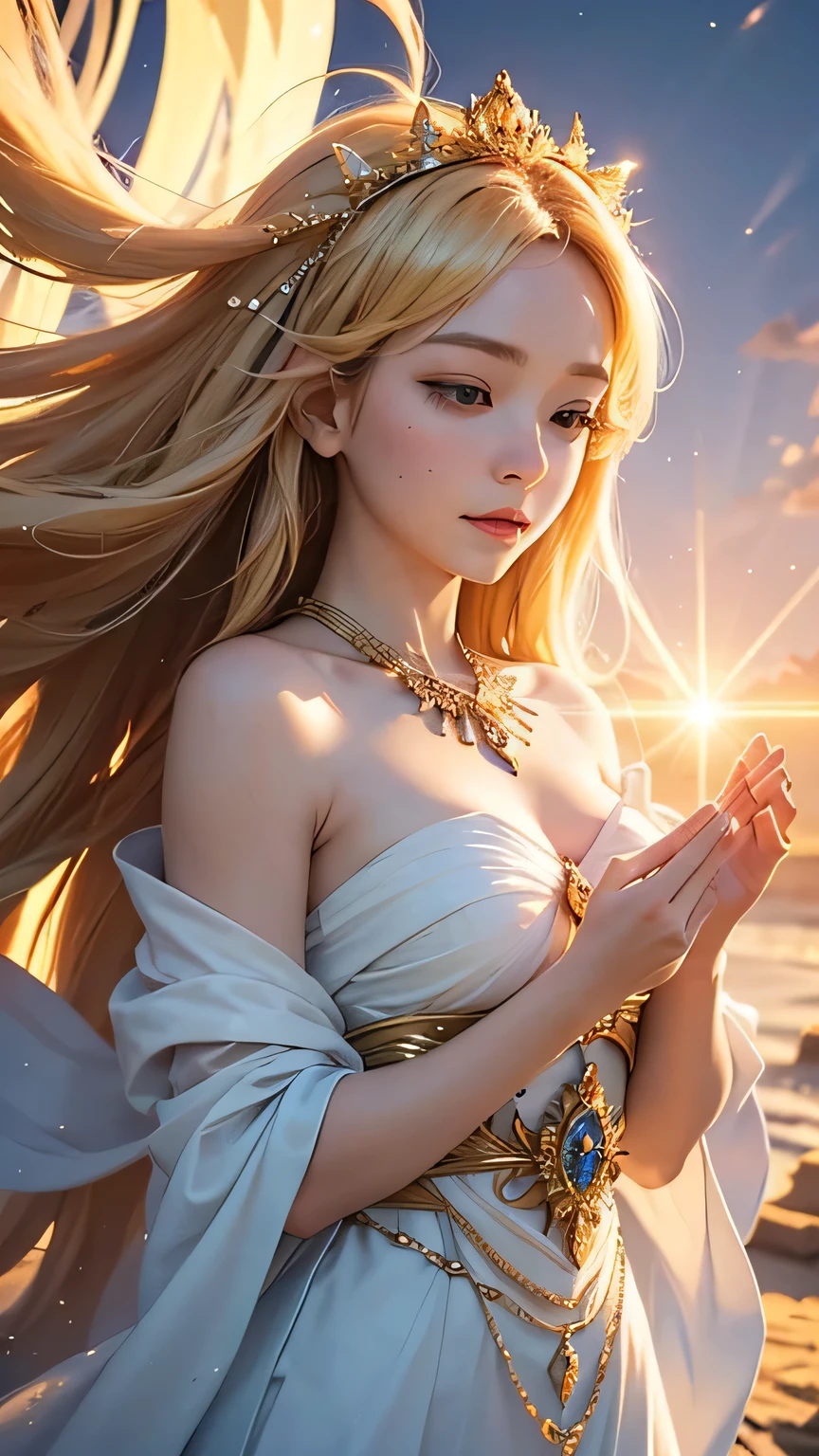 "Maiden of the Sun": Within a sacred sanctuary bathed in sunlight, depict the figure of a sun goddess, facing forward and emanating divine radiance. Zoom in to focus on her face, with light orbs gleaming in her hands, representing the life-giving power of the sun. Her hair is shimmering gold. The background should be predominantly pink, evoking a sense of divine splendor, with the addition of a blue sky to further enhance the feeling of openness and brightness. The setting is in heaven, enveloped in soft, bright light, where one can find tranquility and peace of mind, free from any trace of anxiety. Additionally, the light emanating from her hands should take the form of radiant hearts, resting gently on the palm of her hands.