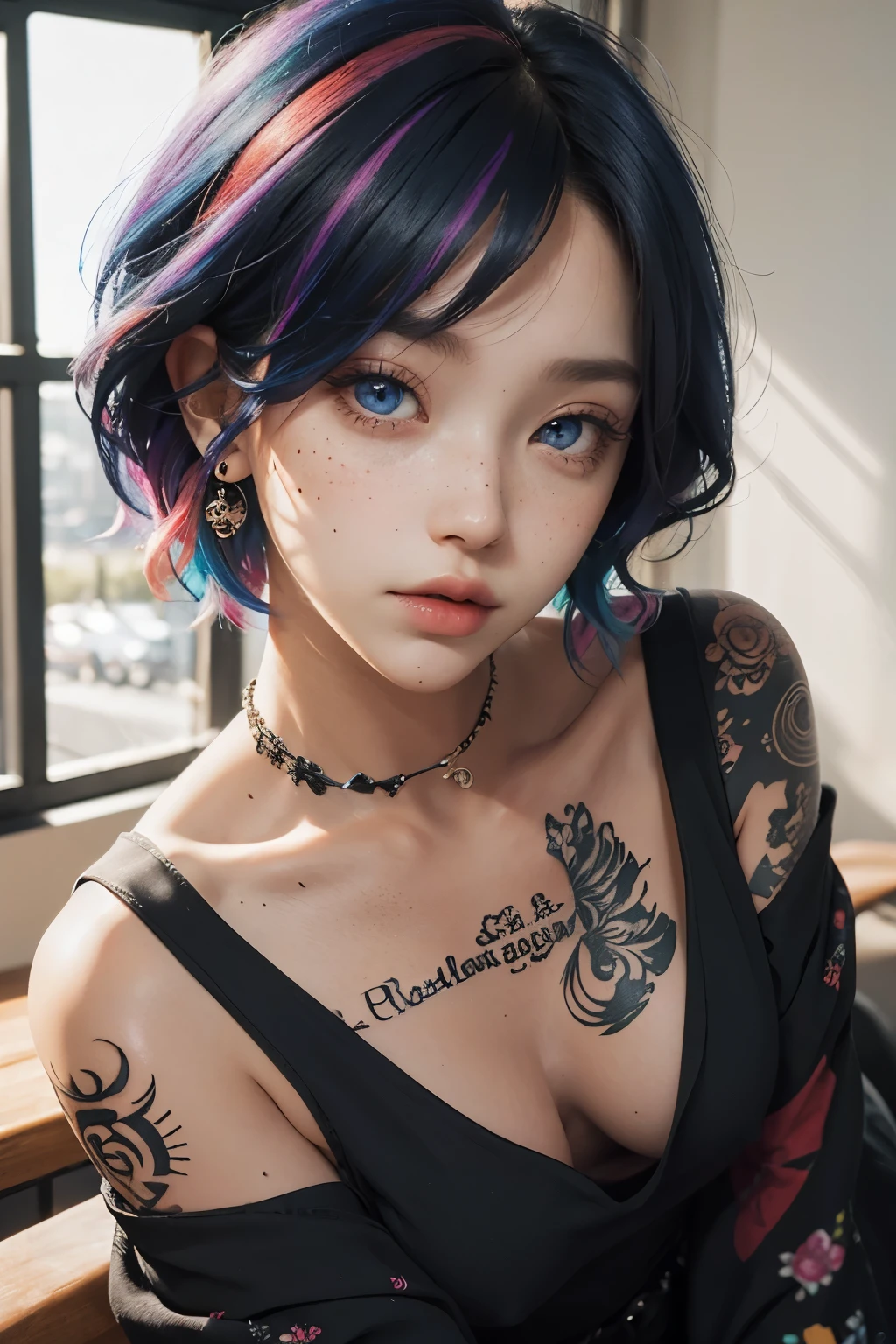 Girl with tattoo and piercing wearing off shoulder dress, short hair, colorful hair, colorful eyes, ultrasharp, close up:0.8, freckles:0.8, facelight, potrait