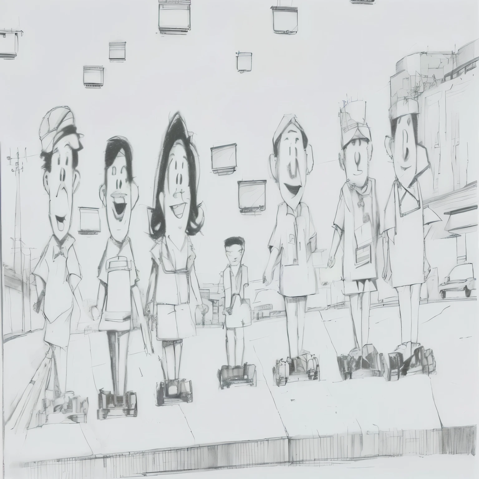 cartoon of a group of people standing on the sidewalk, filme ainda de um desenho animado, desenho animado ainda, imagem de desenho animado, desenho animado , desenho animado dos anos 90, animated film still, 1 9 6 0 estilo desenho animado, animated film still, still animation screencap, desenho animado dos anos 1990, desenho animado dos anos 1980, ainda animado, um desenho