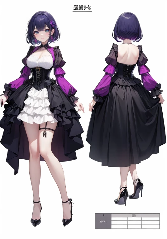 Purple hair,voluminous short hair,Adult female,bartender,((Roll up your sleeves)),(Corset),(Tight skirt),(high heels),The heel is visible,((Simple White background)),Smile,((Full body)),((whole body)),Character Sheet,