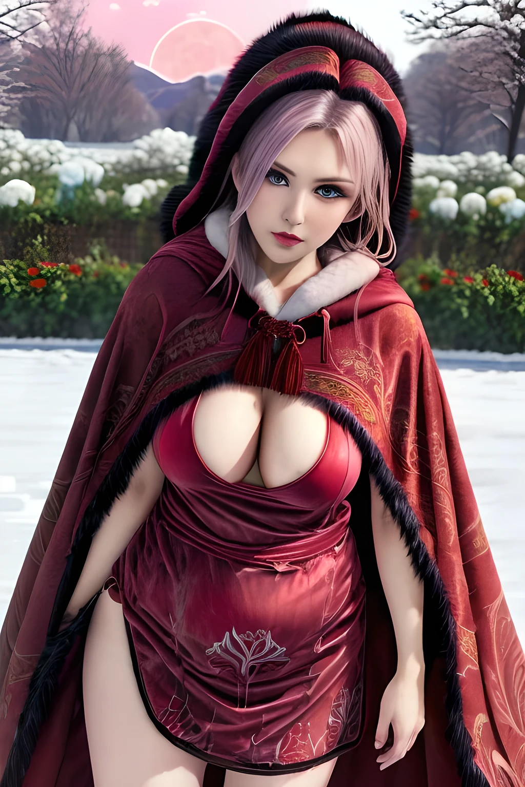 1girl,(RED theme: 1.2), (Velvet fabric nightgown: 1.2), (Ice flower pattern cloak: 1.5), ,garden,moon,huge breasts,lactating,(lip gloss),(masterpiece), best quality, (real life portrait photography:1.5),unltra detailed,8K,Shot with a professional-grade camera like the Nikon D850,every intricate detail is captured, from the subtlest expression to the glimmer of anticipation in her eyes,Focus on thighs and above,solo,  elise,