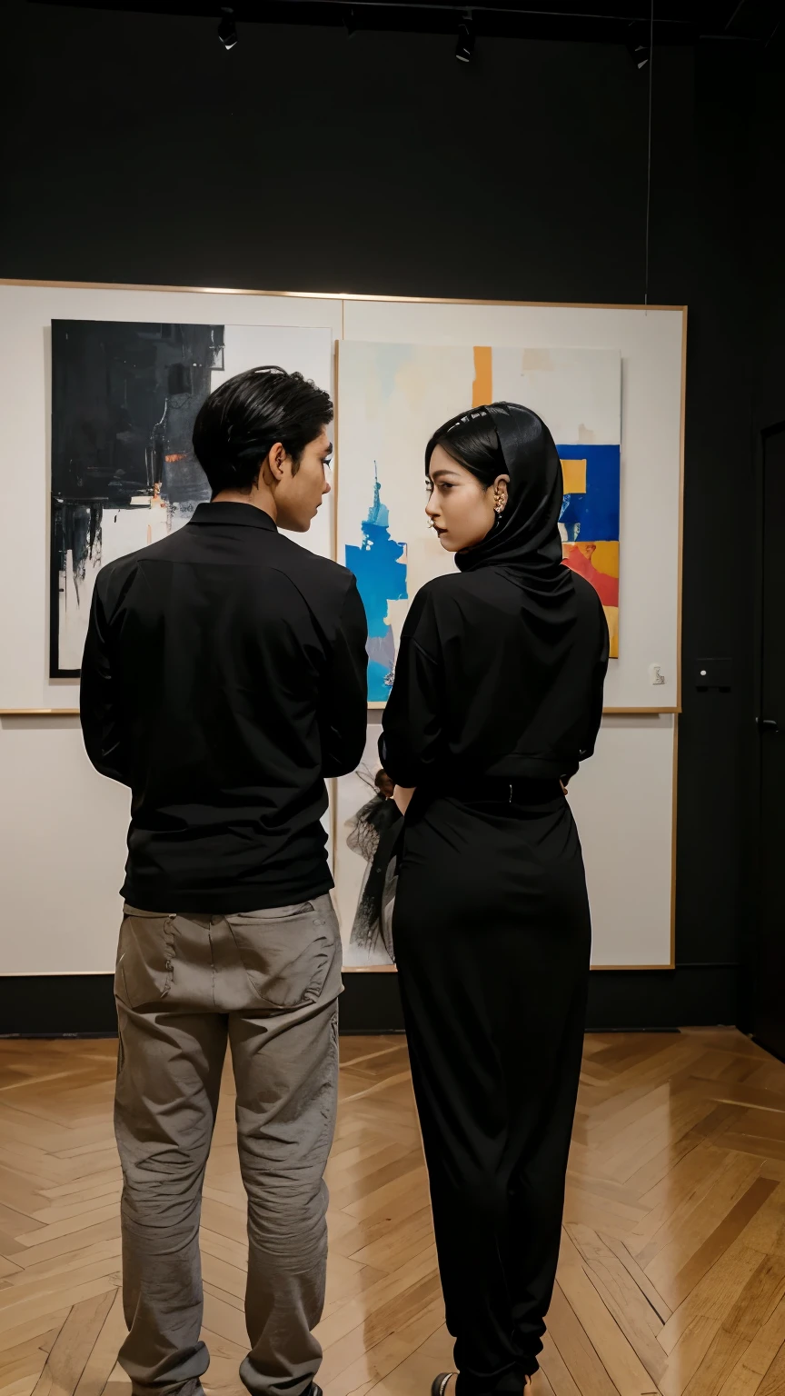 man and women on art gallery, the woman wearing black hijab, and the man has korean hair style he's taller than the woman. they staring at one big abstract painting. make it POV from their behind so it shows their back from a far, they standing close together like talking about the paint