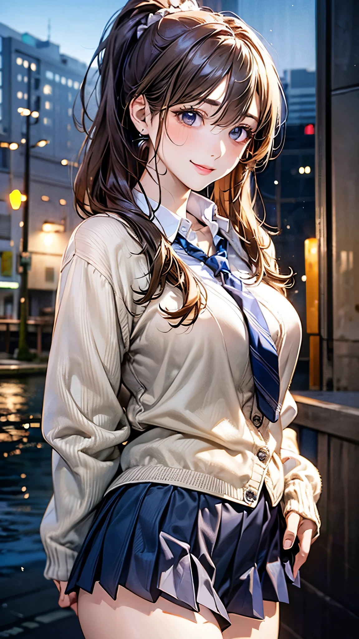 (masterpiece:1.2, top-quality), (realistic, photorealistic:1.4), beautiful illustration, (natural side lighting, movie lighting),
looking at viewer, cowboy shot, front view:0.6, 1 girl, japanese, high school girl, perfect face, cute and symmetrical face, shiny skin,
(long hair:1.4, high ponytail:1.7, light brown hair), hair between eye, emerald green eyes, long eye lasher, (large breasts:0.9, thick thighs),
beautiful hair, beautiful face, beautiful detailed eyes, beautiful clavicle, beautiful body, beautiful chest, beautiful thigh, beautiful legs, beautiful fingers,
((long sleeve white collared shirts, navy pleated miniskirt, navy tie, light grey cardigan)), pink panties,
(beautiful scenery), evening, riverside, walking, hands on chest, (lovely smile, upper eyes),