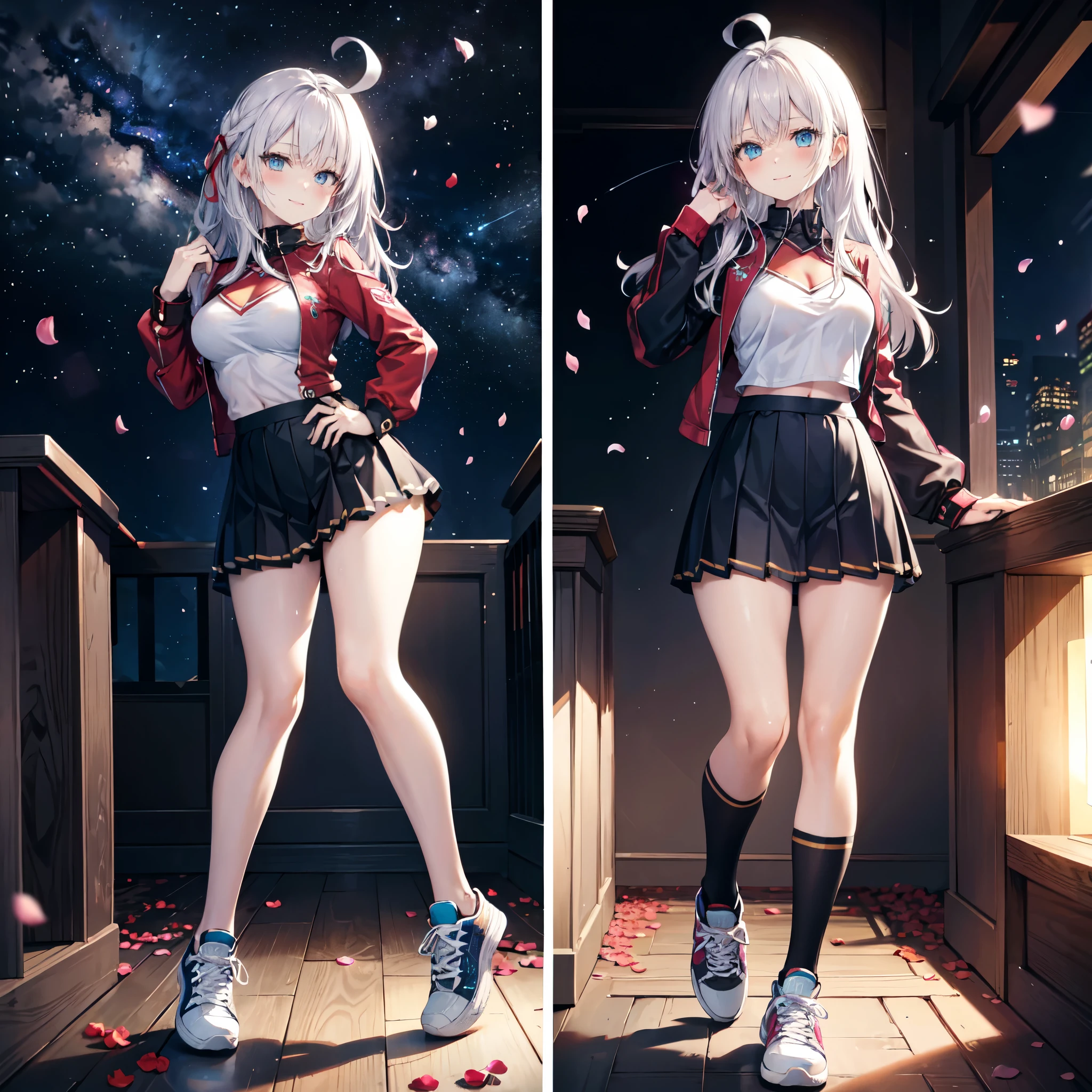 realistic image, detailed image, coherent image, 1 beautiful girl, she has very long hair, white hair, light blue eyes, smiling expression. She is wearing a long-sleeved t-shirt, showing her navel, a pleated miniskirt, sneakers, She has a curvy body, medium breasts and thick thighs, She is posing sensually, lifting her skirt a little, arching her back, black background, uniform background, starry night, flower petals falling around, Soft focus, full body view, Dramatic shadows, Volumetric lighting, natural lighting,Alisa Mikhailovna Kujou,ahoge