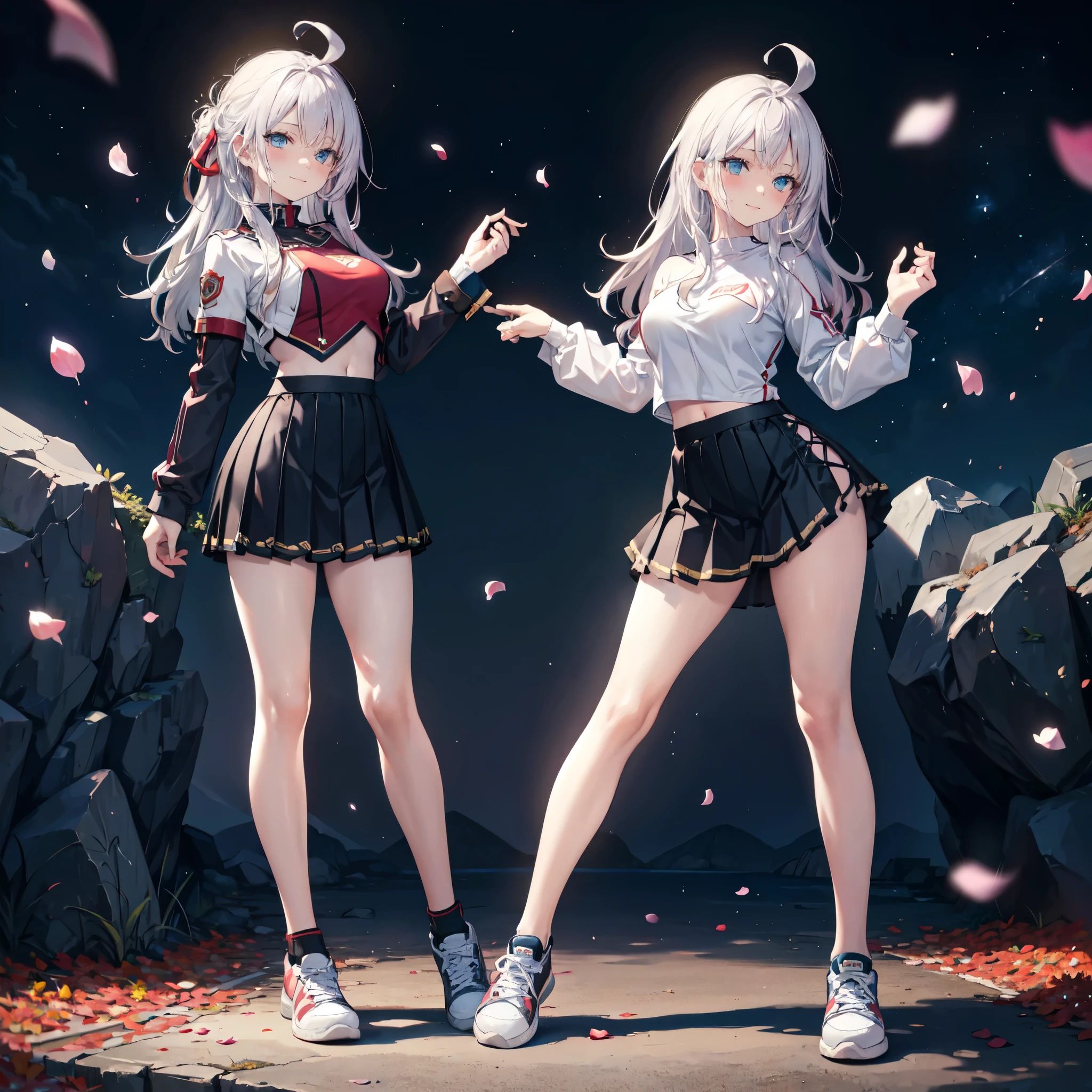 realistic image, detailed image, coherent image, 1 beautiful girl, she has very long hair, white hair, light blue eyes, smiling expression. She is wearing a long-sleeved t-shirt, showing her navel, a pleated miniskirt, sneakers, She has a curvy body, medium breasts and thick thighs, She is posing sensually, lifting her skirt a little, arching her back, black background, uniform background, starry night, flower petals falling around, Soft focus, full body view, Dramatic shadows, Volumetric lighting, natural lighting,Alisa Mikhailovna Kujou,ahoge