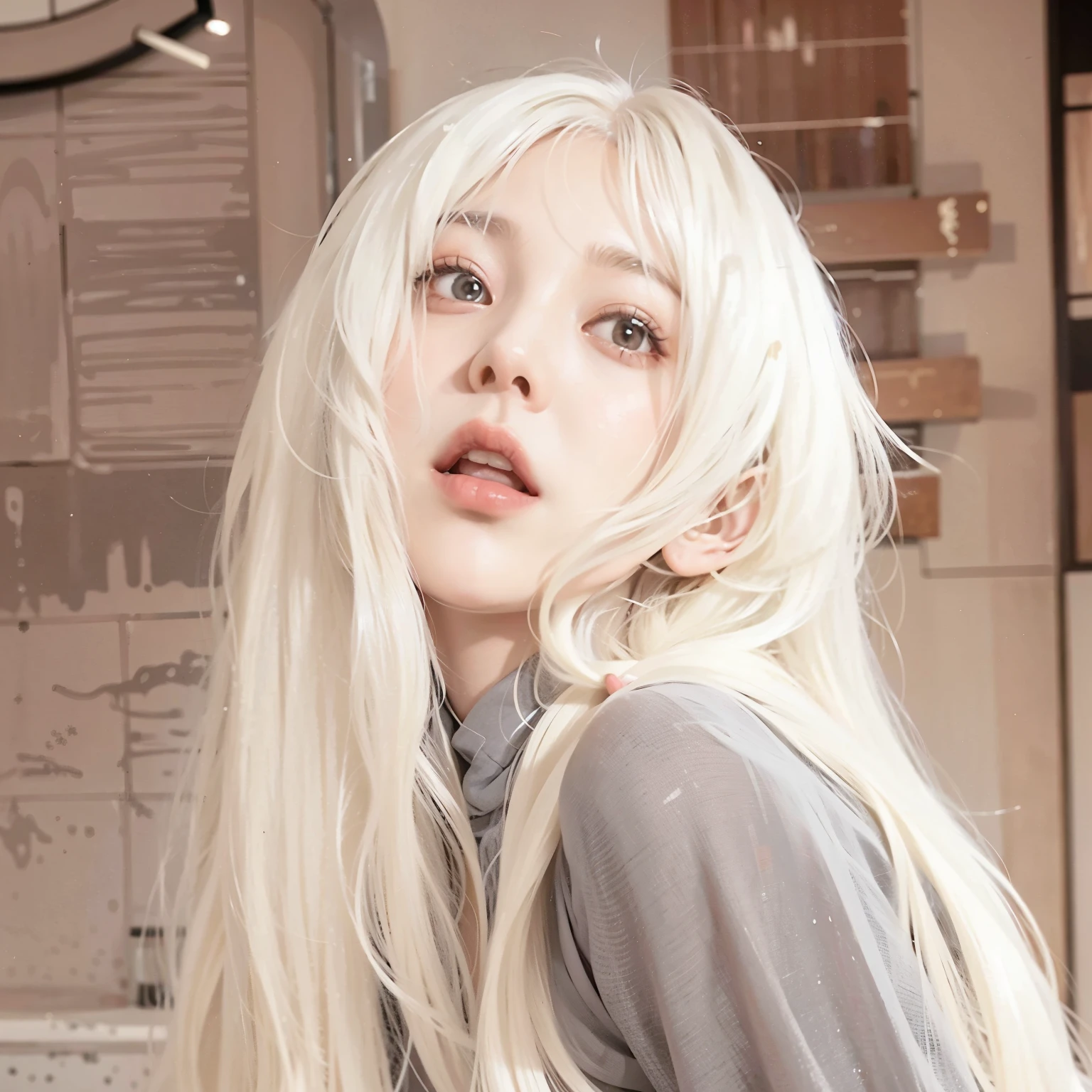 mujer rubia with long white hair y una camisa gris, long gray hair and bangs, white bangs, with long white hair, Larisa Manoval, Cabello White Banks Cabello, with long white hair, Kerli Coif(Kerli Koiv) anime girl role, girl with white hair, with bangs 완료, her hair is white, French fries with gray hair, very pale blonde