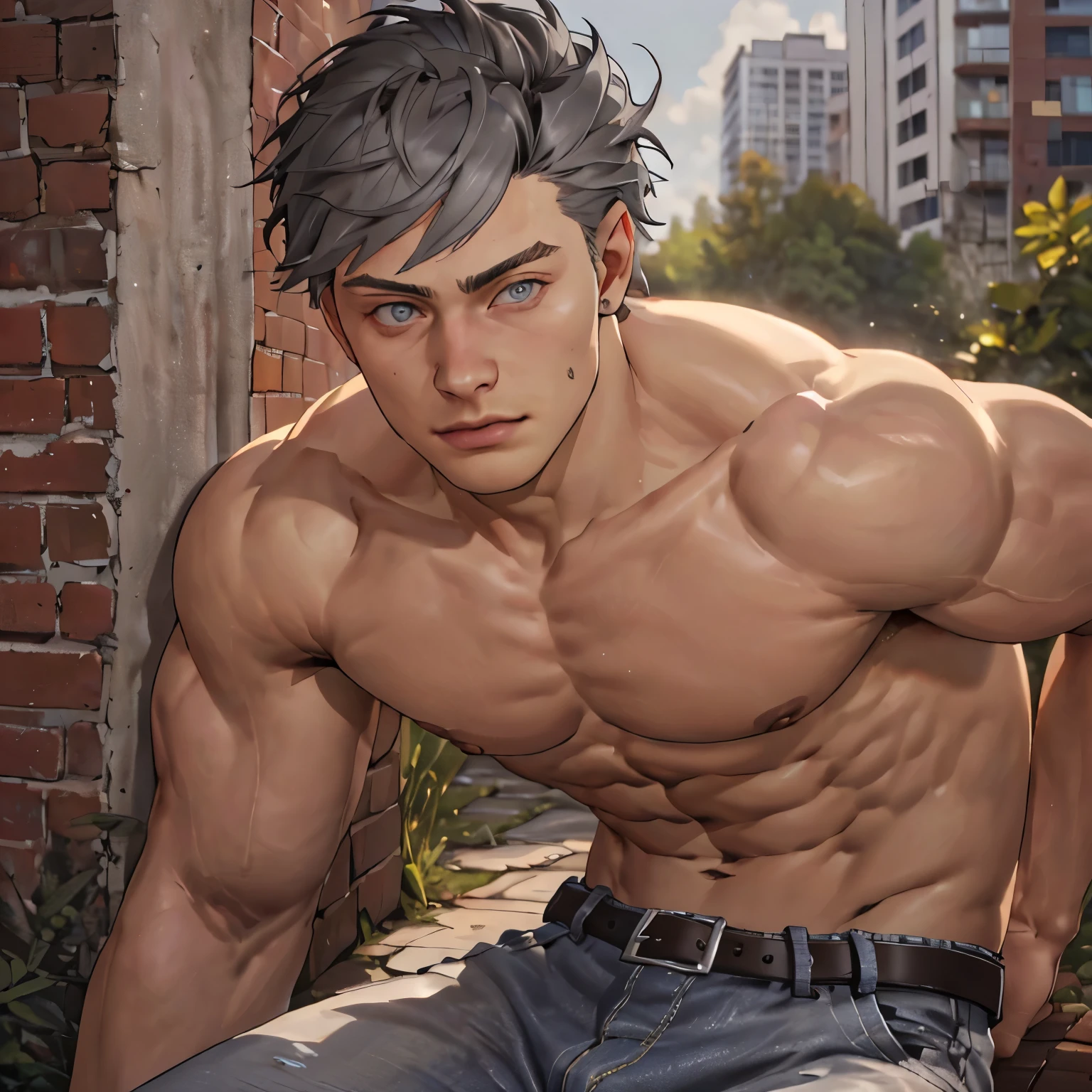 ((the best quality)), ((Masterpiece)), (details), perfect face, high definition, Masterpiece,4k,details clearly, Handsome face, white skin, perfect body, male body, strong muscles, abdomen, gray eyes, white skin, The most handsome man in the world, handsome, The coolest face, Male characters, close image (1man, shirtless), young man, Delicate face, Extremely muscular tall man, open your eyes ((detailed eyes)), huge, muscular body and Massive, bulging pecs, muscular abs, narrow waist, short hair, blue eyes, delicate big eyes, carefree expression, clear face, handsome (detailed face, perfect face) ((extremely realistic shadows, bodybuilding posture, human, ((22-year-old young man)), V shape, athletic pants, athletic, Shirtless, Sunlight, City, lower pants, topless, close up look, CG sense, Textured skin, the best quality, Storytelling images, Show your abs, show arm muscle, Black hair, shining gray eyes, eyes contact, jeans, leather belt