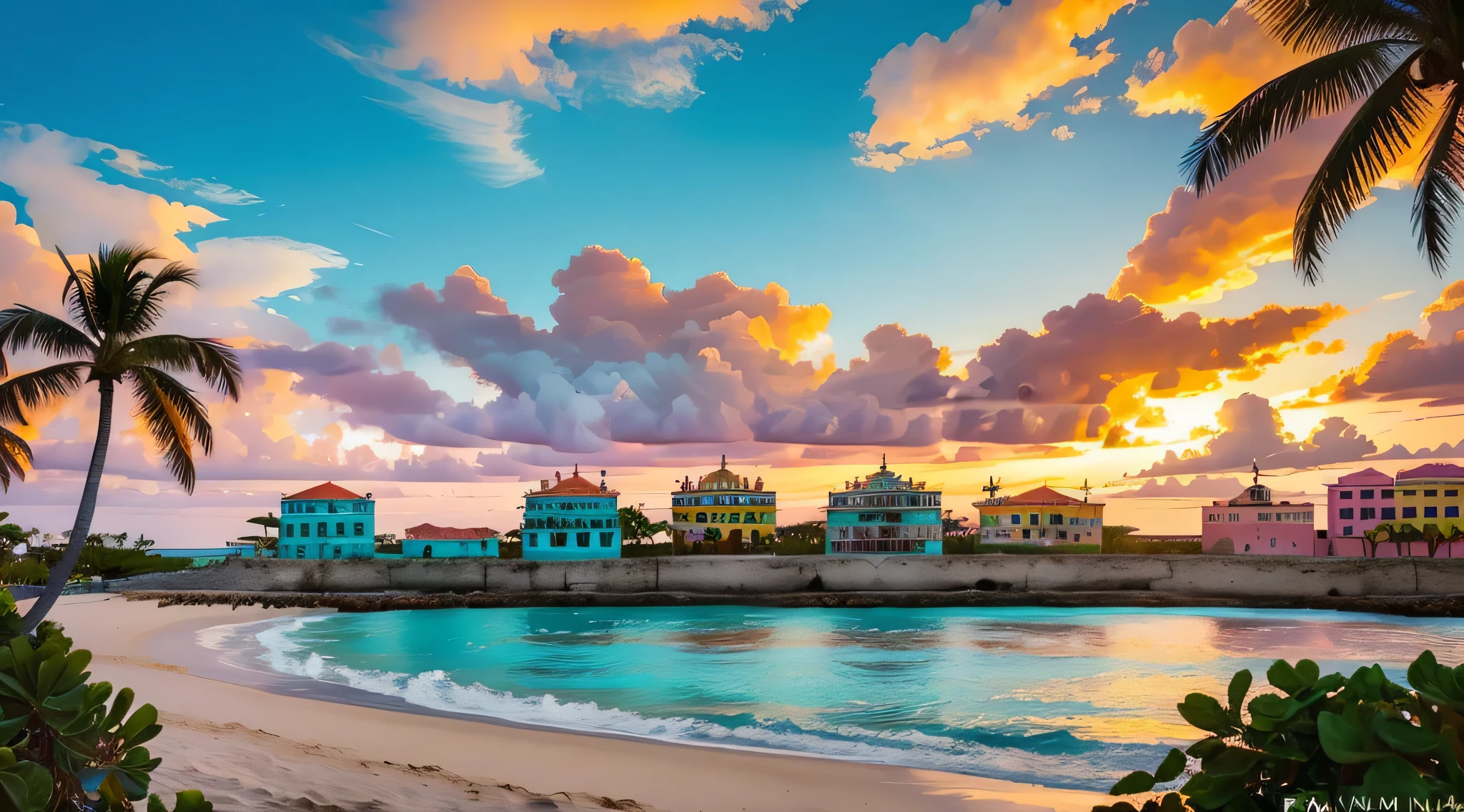 Small town coastline，The turquoise sea，Sky sunset embellishment，Havana buildings on the shore{Colorful Caribbean architecture}