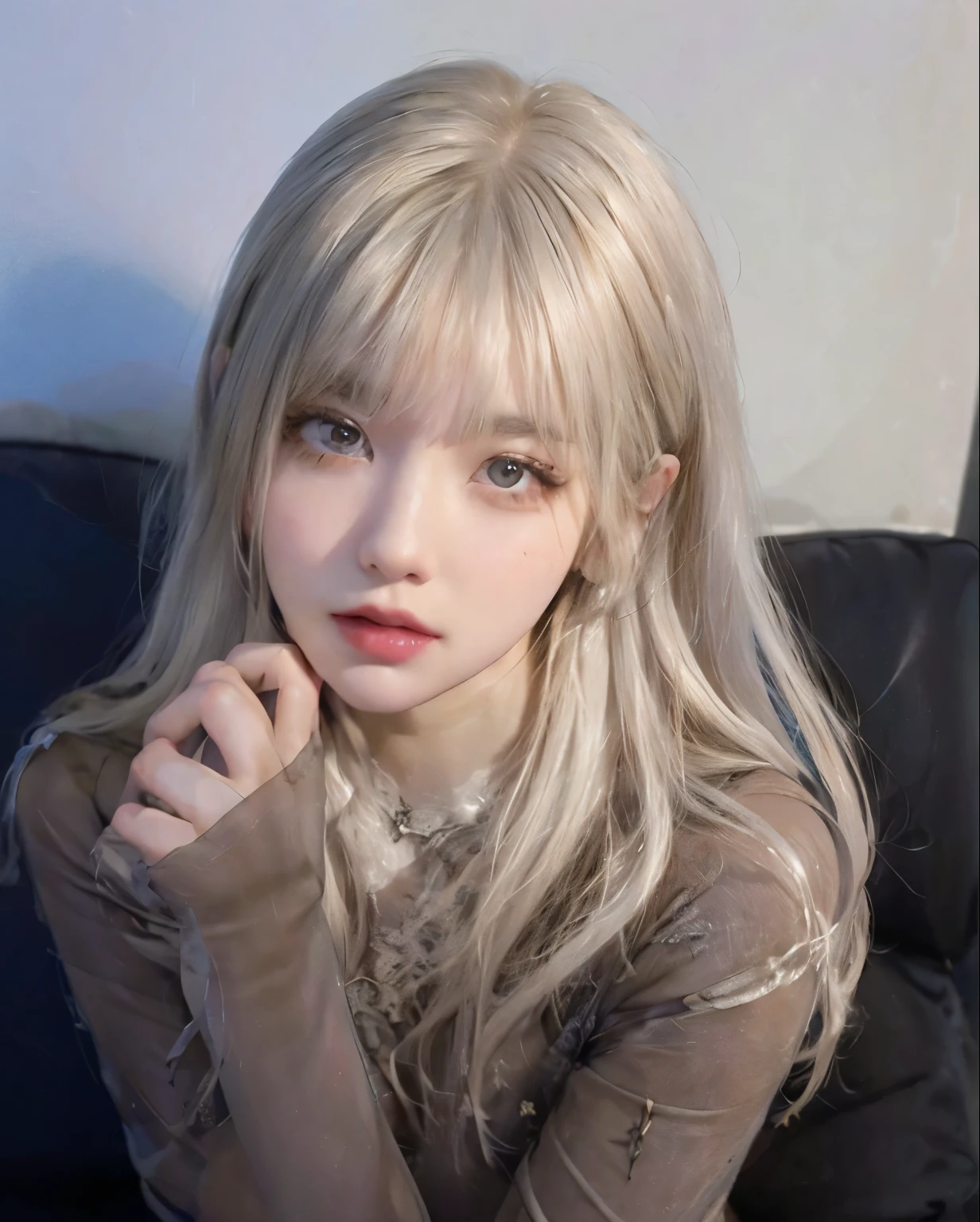 Closeup of person sitting on sofa holding mobile phone, long white hair and bangs, White hime cut hairstyle, cabelo comprido With bangs completa, cabelos longos With bangs, Best Face, Larisa Manoval, gray hair, cabelo arrumado With bangs, With bangs completa, white fringe, With bangs, with long white hair