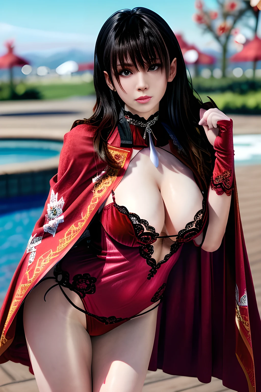1girl,(RED theme: 1.2), (Velvet fabric nightgown: 1.2), (Ice flower pattern cloak: 1.5), ,garden,moon,huge breasts,lactating,(lip gloss),(masterpiece), best quality, (real life portrait photography:1.5),unltra detailed,8K,Shot with a professional-grade camera like the Nikon D850,every intricate detail is captured, from the subtlest expression to the glimmer of anticipation in her eyes,Focus on thighs and above,,nanami