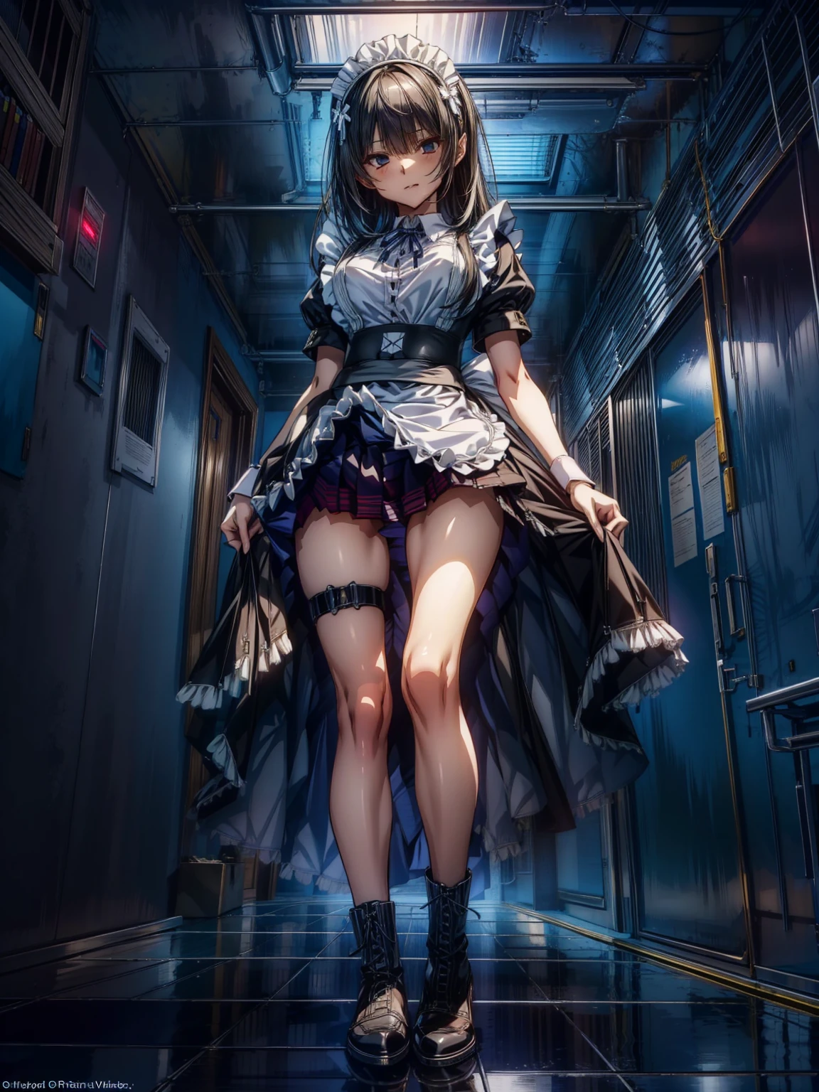 (Perfect Anatomy:1.2, highest quality),(Maid leotard details:1.6),One Girl,alone,Long Hair:1.5, (Short sleeve, Thighs,Maid Cufflinks),,Hypno Lola, Hollow Eyes,(High heel lace-up boots:1.4), (Without skirt:3.0),Dark aura,Leotrad,,From below,love for viewers,Looking down,(In the
research evil facility:1.8)