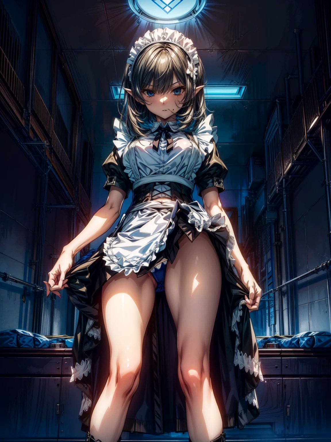 (Perfect Anatomy:1.2, highest quality),(Maid leotard details:1.6),One Girl,alone,Long Hair:1.5, (Short sleeve, Thighs,Maid Cufflinks),,Hypno Lola, Hollow Eyes,High heel lace-up boots, (Without skirt:3.0),Dark aura,Leotrad,,From below,love for viewers,Looking down,(In the
research evil facility:1.8)
