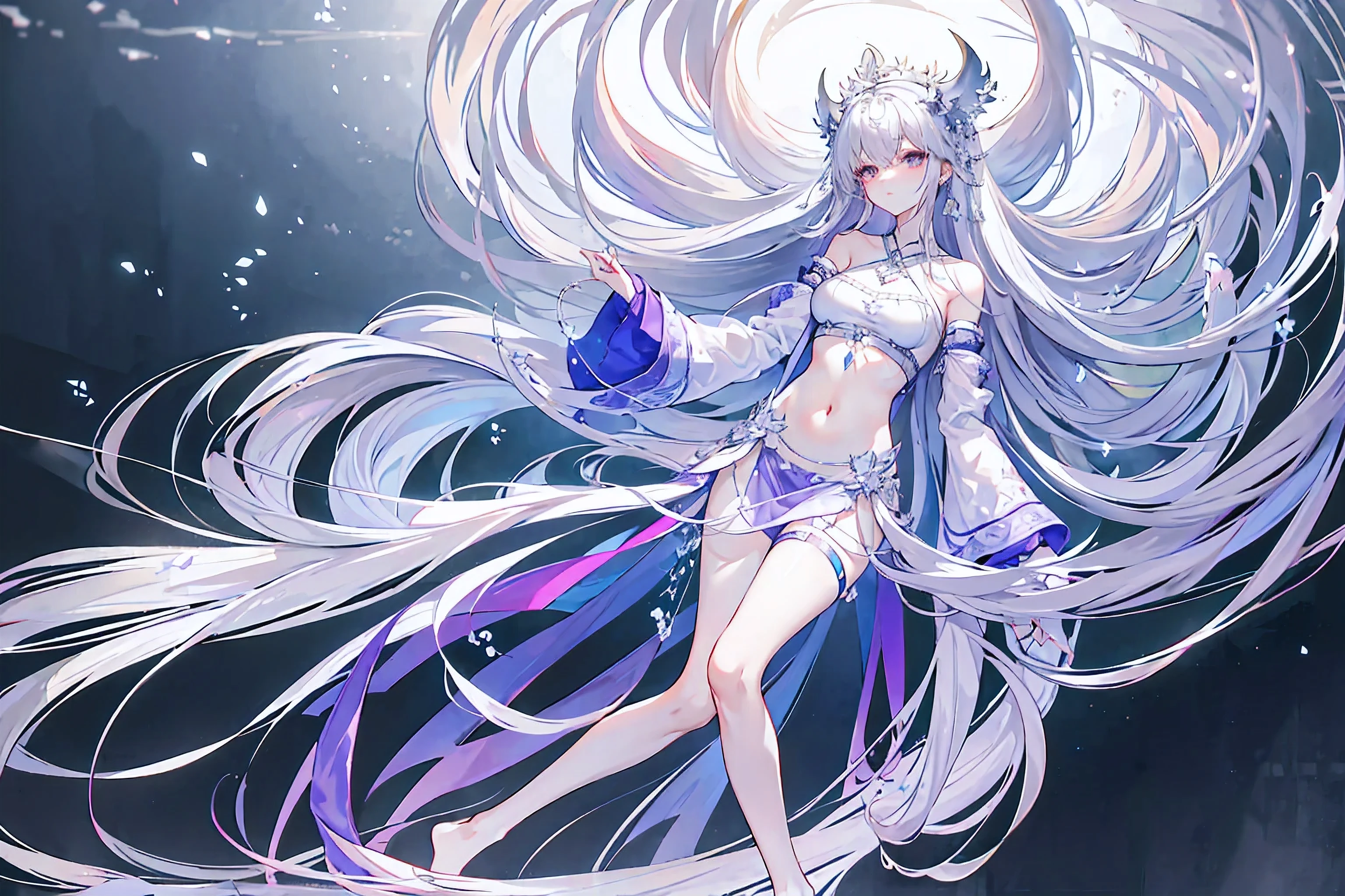 Light purple gradient hair,asymmetrical hair,（（Thick hair 1.8，Clear head outline 1.6））， Shoulder-length hair, messy hair, Very long hair, shiny hair，(long gray hair:1.2),A beautiful girl，（，Navel，Bare shoulders）(Separate sleeves,Wide sleeves),(Fingerless gloves)，（Transparent clothes transparent 1.8），Perfect body，Slender thighs，Slender，(Looks sad，Looks haggard ，Grief，shut your mouth：1.2） With dark forest background，（Put your hands behind you），（round,Room, Firm breasts），barefoot，float，water surface，（long legs，long legs，long legs，Complete），Full body image。