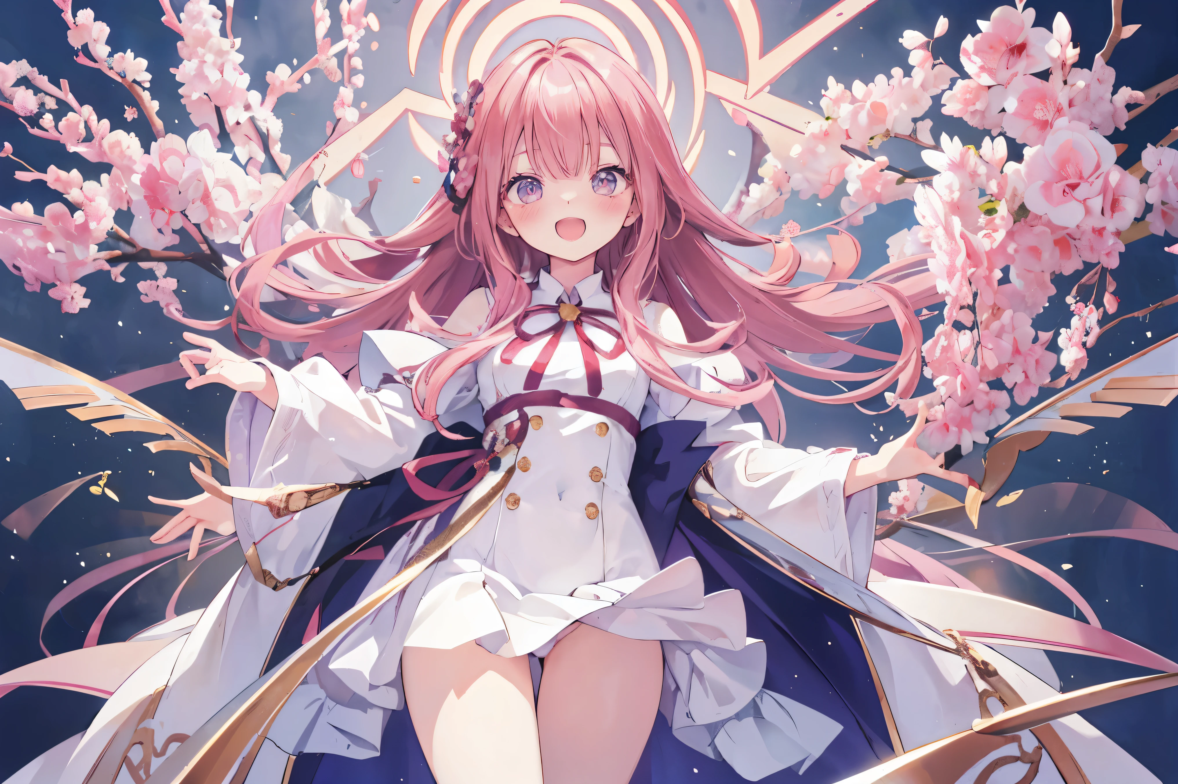 Masterpiece、Highest quality、highest quality、((((Transparency))))、Good looking girl (blush, Perfect Face), independent , Looking into the camera, masterpiece, Anime art style, (Open Mouth Smile)、Shiny hair quality、Small face、Dynamic pose、Super detailed, beautiful, wide eyes、Ultra-detailed, clear and beautiful faces、(cute illustration:1.2), High-resolution, ultra-detailed, best quality, embarrassed、Thighs, Awards, Anatomically correct