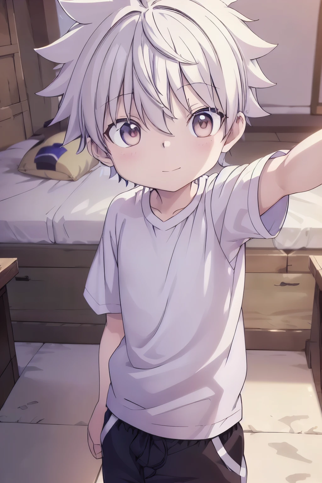 1boy, aoi, masterpiece, ultra detail, male focus, soccer shirt, adorable captivating, white hair , red eyes , white albine skin, japanese style, take a photo, selfie
 