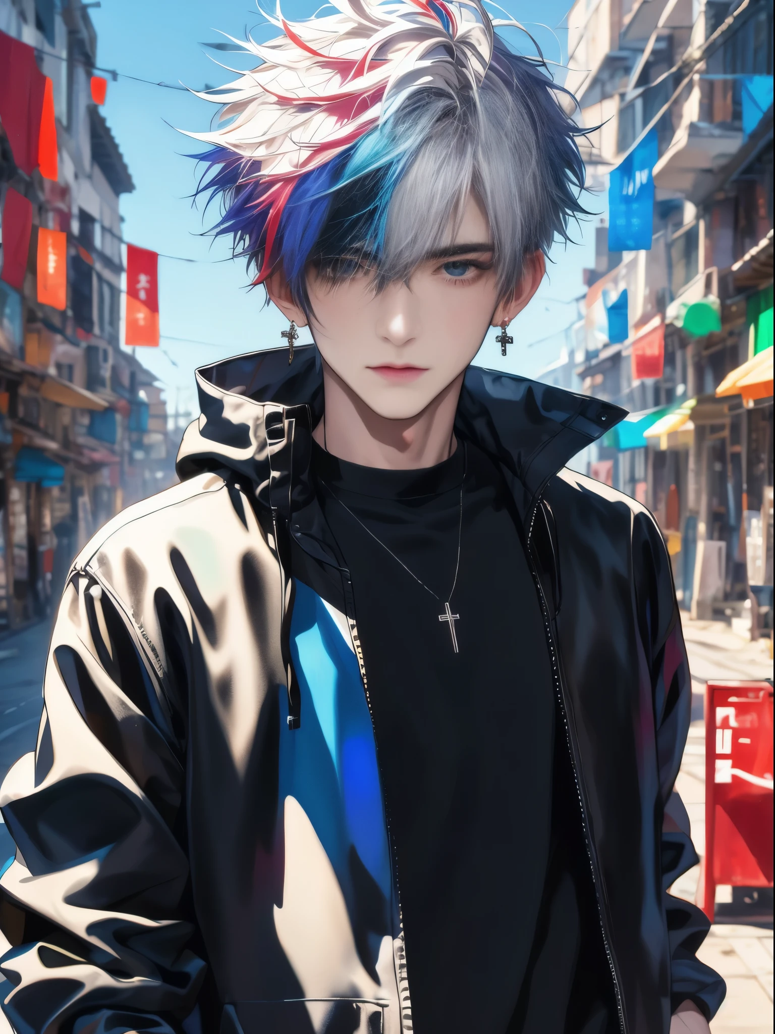 1boy,outdoors,looking at viewer,upper body,multicolored hair,full_shot,white hair,messy hair,cross_earrings,panorama,multicolored_background,short hair,hair in takes,black leather jacket,