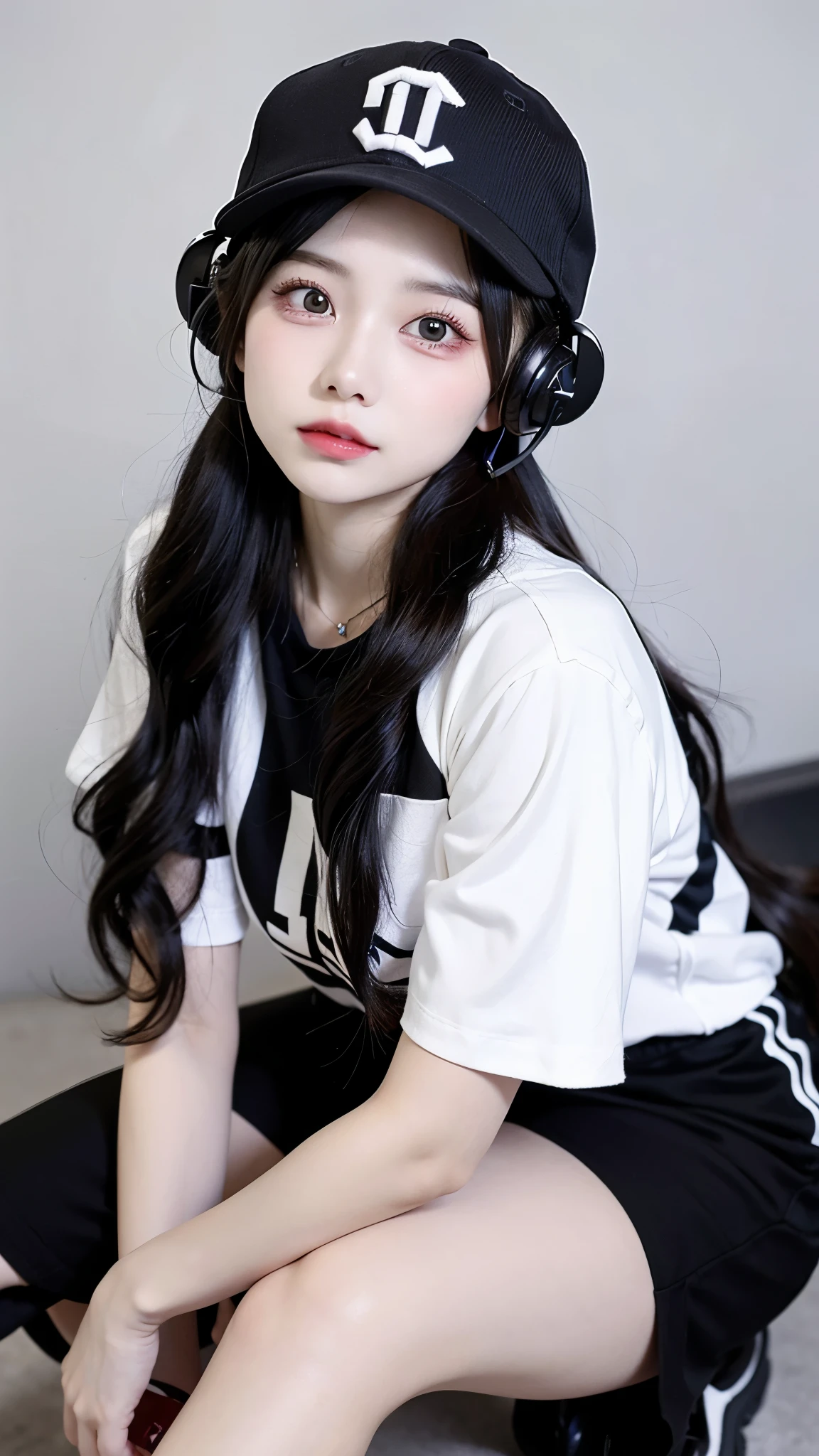 arafed woman with headphones and a baseball cap on, ulzzang, 🤤 girl portrait, anime girl in real life, korean girl, pale round face, korean symmetrical face, anime vibes, guweiz, 19-year-old girl, girl cute-fine-face, artwork in the style of guweiz, cruel korean goth girl
