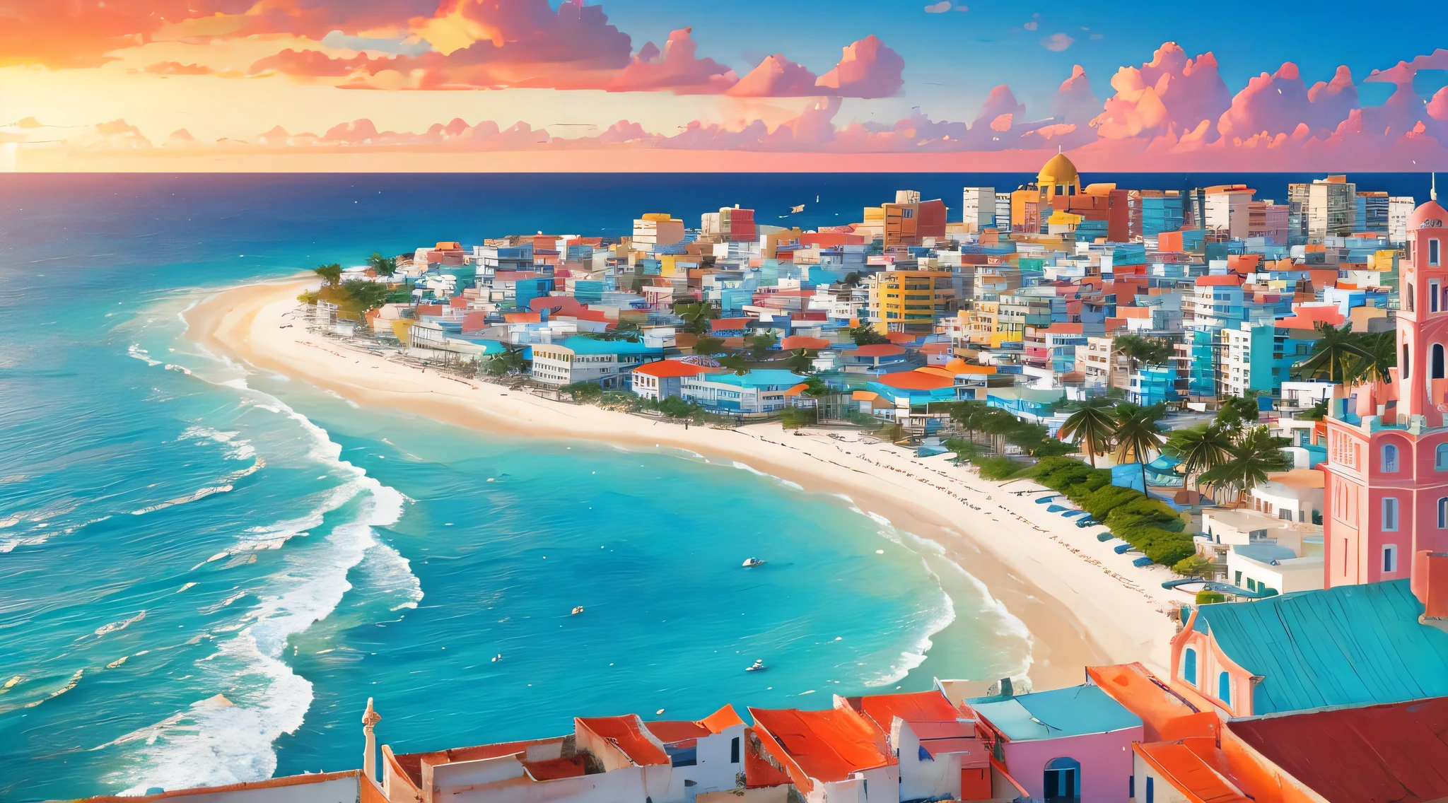 Small town coastline,The turquoise sea,Sky sunset embellishment,Havana buildings on the shore{Colorful Caribbean architecture}