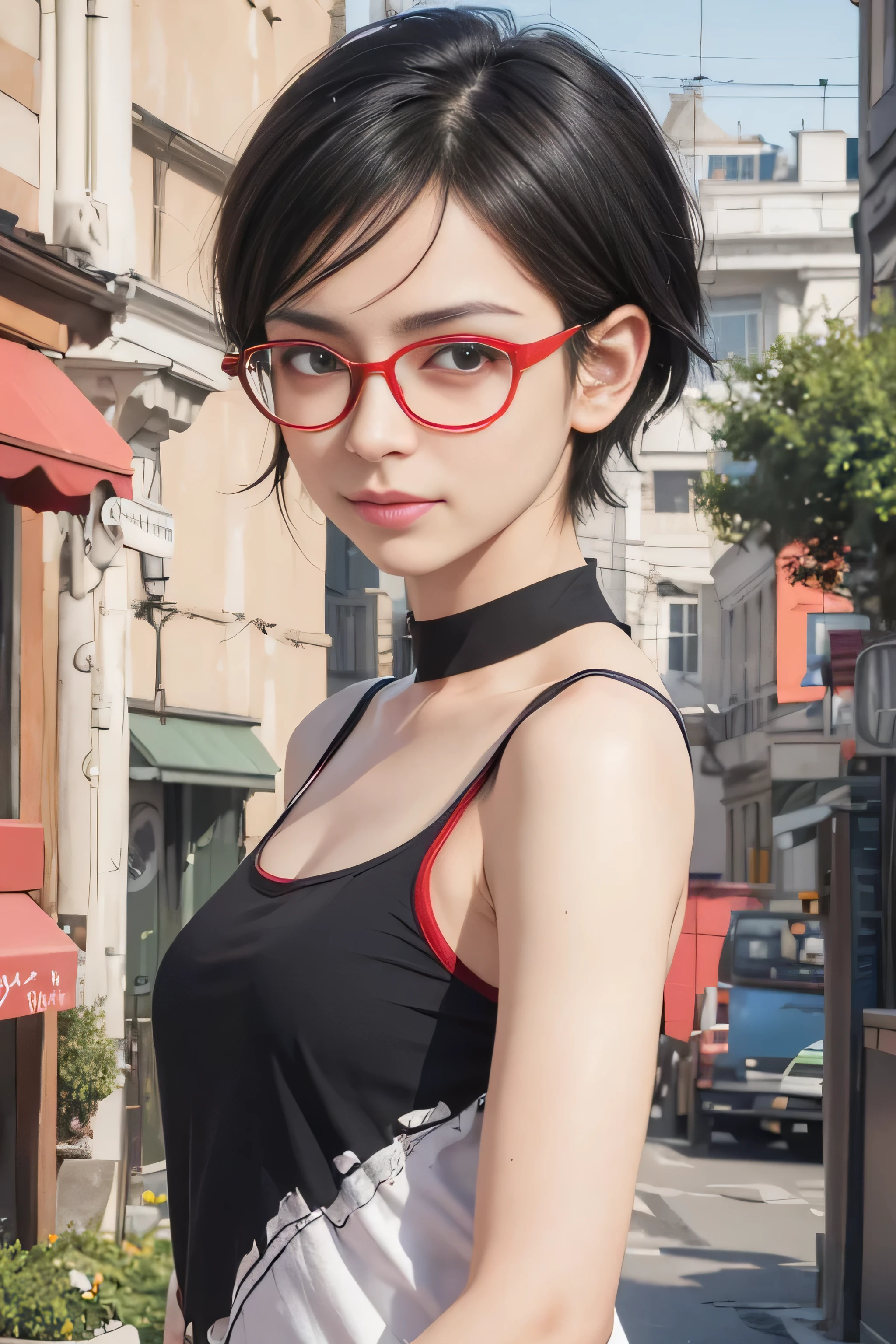 masterpiece, best quality, (realistic,photo-realistic:1.4), (RAW photo:1.2), extremely detailed CG unity 8k wallpaper, delicate and beautiful, amazing,finely detail, official art, absurdres, incredibly absurdres, huge filesize, ultra-detailed,extremely detailed eyes and face,light on face,(little smile),(black hair hair:1.4),(very short hair:1.4),(wearing tanktop:1.4),town,(wearing red framed glasses:1.4),chockers