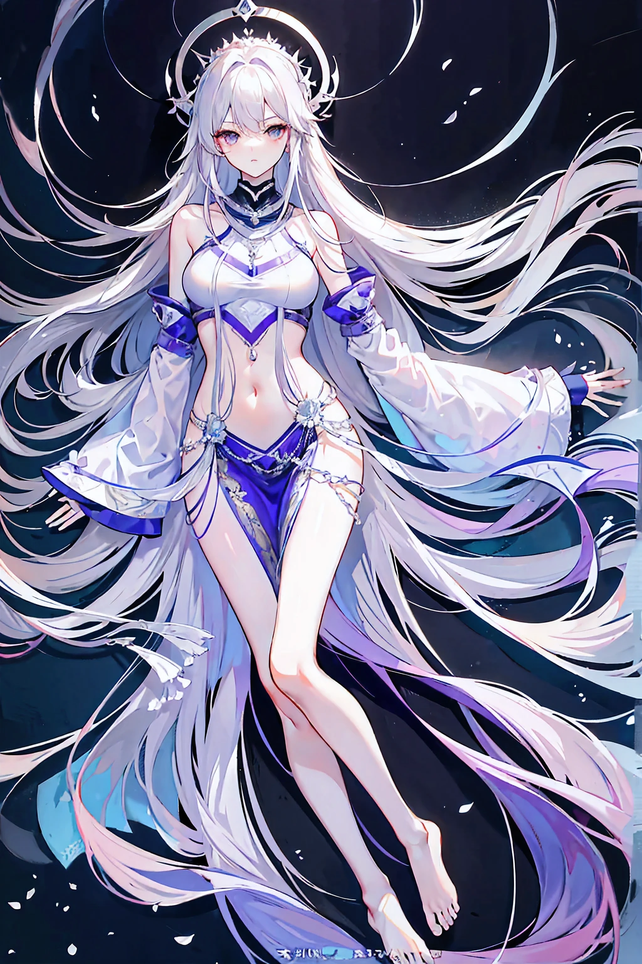 Light purple gradient hair,asymmetrical hair,（（Thick hair 1.8，Clear head outline 1.6））， Shoulder-length hair, messy hair, Very long hair, shiny hair，(long gray hair:1.2),A beautiful girl，（，Navel，Bare shoulders）(Separate sleeves,Wide sleeves),(Fingerless gloves)，（Transparent clothes transparent 1.8），Perfect body，Slender thighs，Slender，(Looks sad，Looks haggard ，Grief，shut your mouth：1.2） With dark forest background，（Put your hands behind you），（round,Room, Firm breasts），barefoot，float，water surface，（long legs，long legs，long legs，Complete），Full body image。