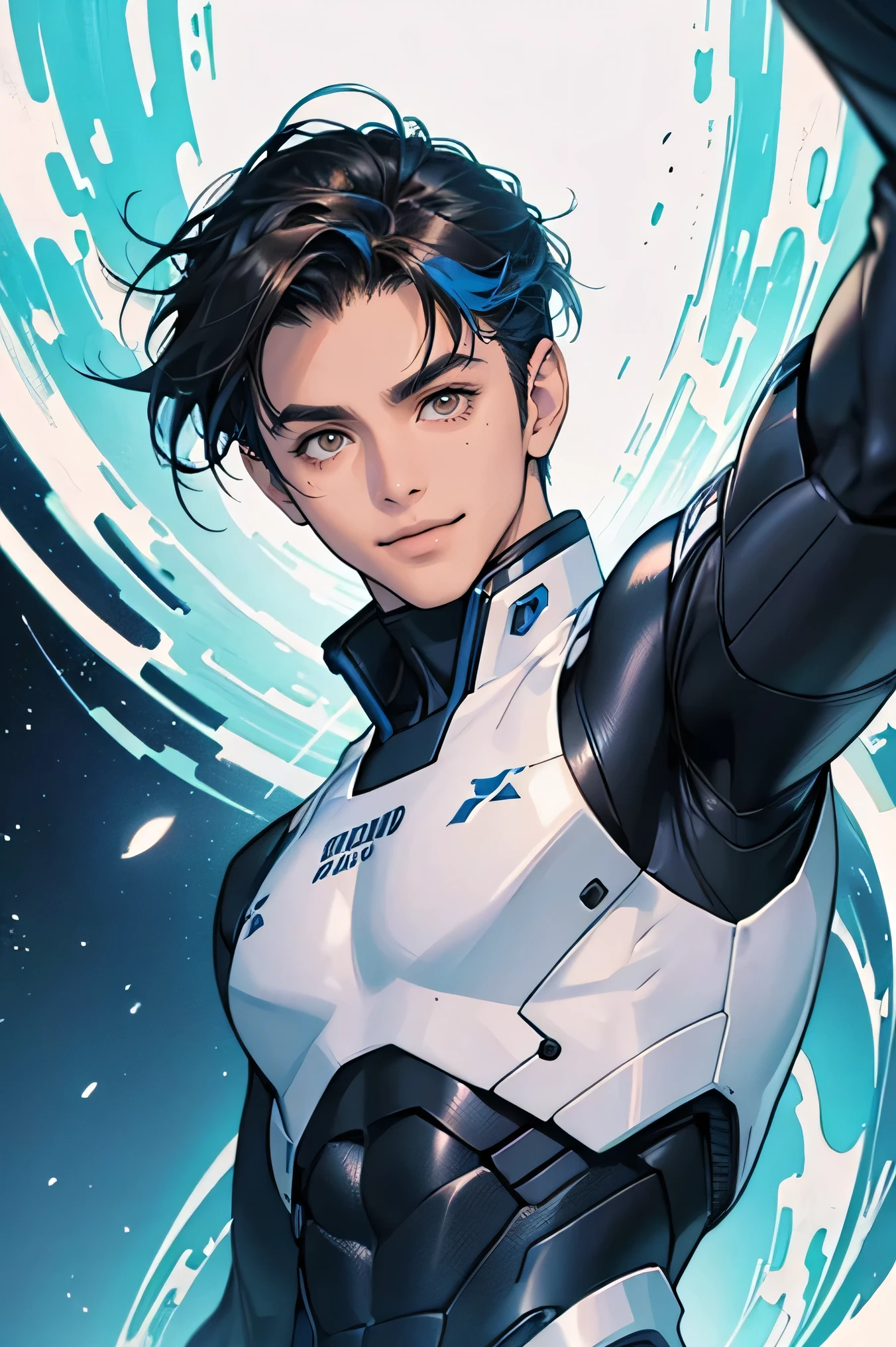 Handsome 18 year old cyborg Brown Eyes future universe Science fiction The background is the galaxy universe A very tight white and blue rubber suit Close-up of a smiling face