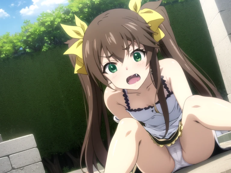 (ultra-highdetail, 8k quality, best quality, extremely detailed illustration,intense shadows, high quality anime illustration style, anime coloring,), (lingyin huang, long hair, brown hair, ribbon, twintails, (green eyes:1.3), hair ribbon, fang, bare shoulders,),
lift skirt, , pussy, nipple, sitting, spread legs, front view, gleaming skin, moist skin, open mouth, embarrassed, orgasm face, low angle, outdoors, white panty,