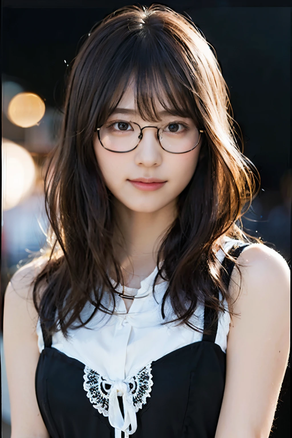 (8k、RAW Photos、highest quality、masterpiece:1.2)、(Realistic、Realistic:1.37)、Super detailed、超A high resolution、1 girl、29-year-old、View your viewers、Beautifully detailed face、smile、narrow、(Slim waist) :1.3)、Beautiful and detailed skin、Skin Texture、Floating Hair、Tie your hair、Shapely large breasts、Professional Lighting、summer night、library、(((Black square glasses )))、Human whole body、Black Hair、((Embarrassing appearance))、Accept the book、