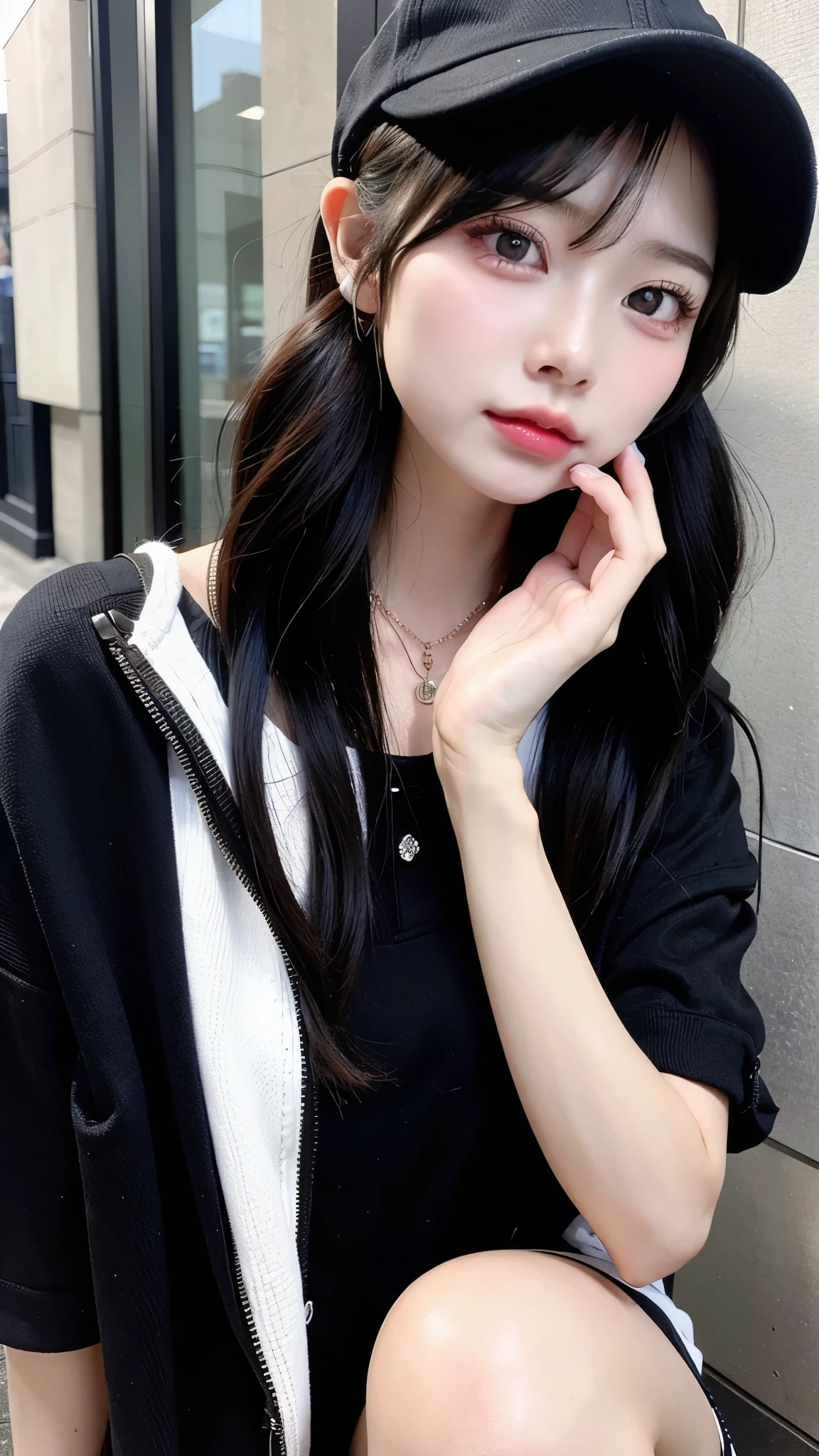 arafed woman with headphones and a baseball cap on, ulzzang, 🤤 girl portrait, anime girl in real life, korean girl, pale round face, korean symmetrical face, anime vibes, guweiz, 19-year-old girl, girl cute-fine-face, artwork in the style of guweiz, cruel korean goth girl、Black Mask、Pull the mask、In the city、Late night downtown