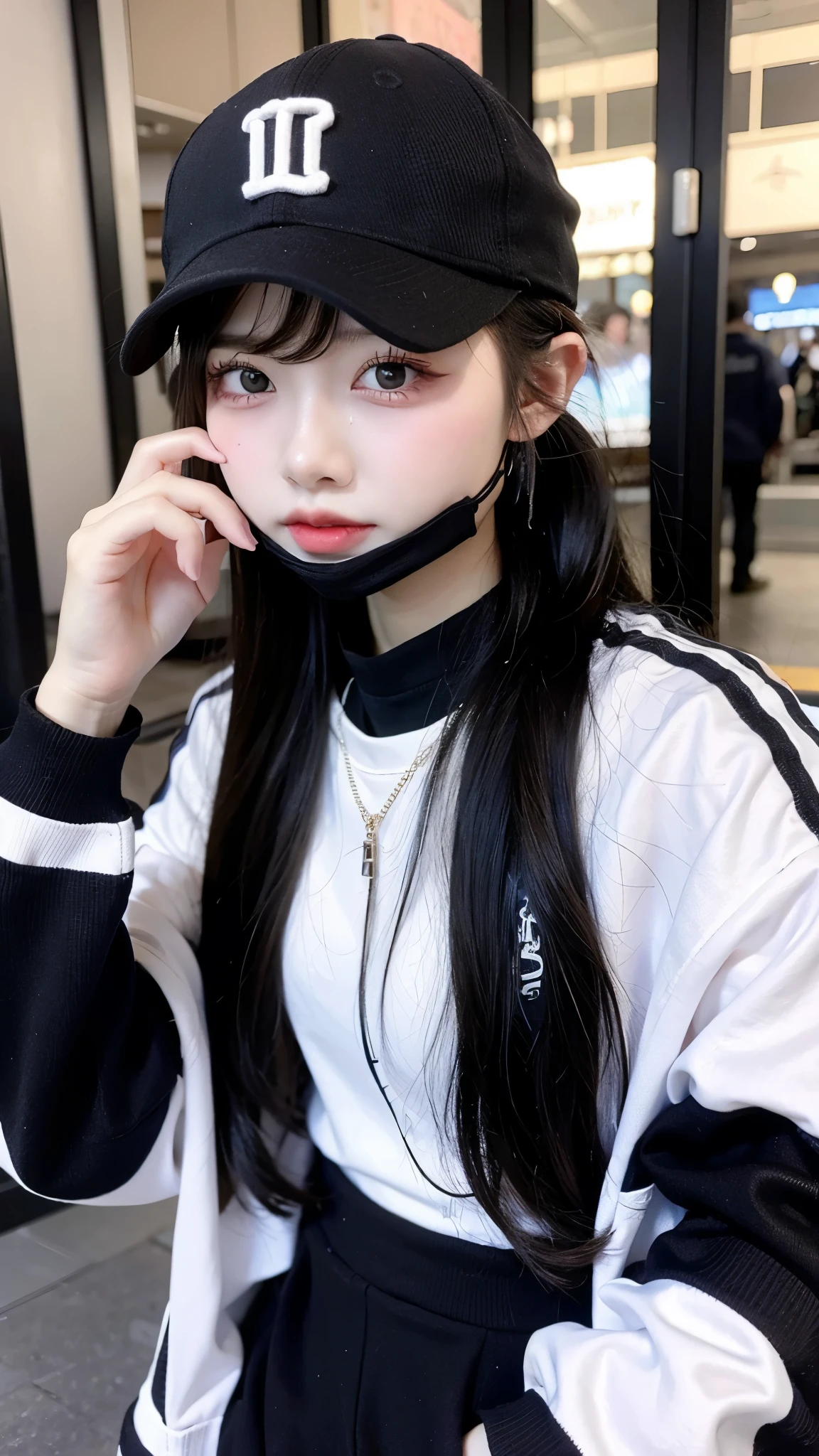 arafed woman with headphones and a baseball cap on, ulzzang, 🤤 girl portrait, anime girl in real life, korean girl, pale round face, korean symmetrical face, anime vibes, guweiz, 19-year-old girl, girl cute-fine-face, artwork in the style of guweiz, cruel korean goth girl、Black Mask、Pull the mask、In the city、Late night downtown