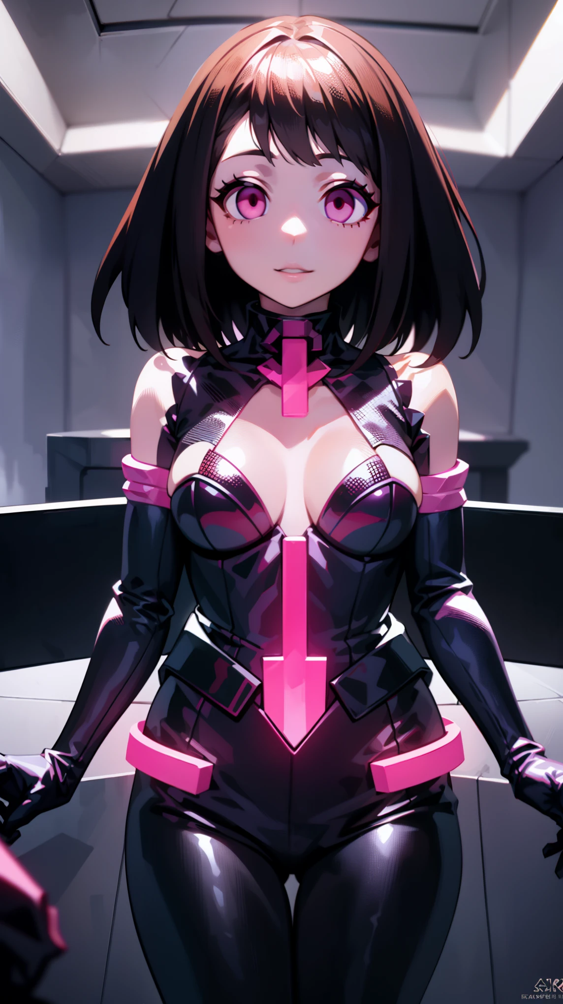 1 female,Browsing Caution, ((still)),((A monster fused with a rose)), ochako uraraka, Brown Hair, short hair,  Fits perfectly to the skin,clavicle,Absurd, Hollow Eyes, ((Big Tits 1.8)),((hypnotism,Mind control,Expressionless,Emotion Control Device)), ((Eyes Wide Open)),(The pupils constrict,Glowing purple eyes,Hollow Eyes),(indoor,Nightclub),night,Cowboy Shot, brainwashing,Hollow Eyes), (highest quality、4K、8k、High resolution、Must have:1.2)、Very detailed、(reality、reality、reality:1.37)、Ticker、Hyper HD、Studio Lighting、Ultra-precise Paint、Sharp focus、Physically Based Rendering、Very detailed、Professional specifications、Vibrancy and color、Blurred、Sports portrait、landscape、Horror Style、Anime Big 、sf、photograph、Concept Artist、Five Fingers, Perfect body,  {{{masterpiece}}}, {{{highest quality}}}, {{Very detailed}}, {shape}, {{Very delicate and beautiful}},Improved cost performance、All Roles、Canon 5D MK4でphotograph、photograph, 