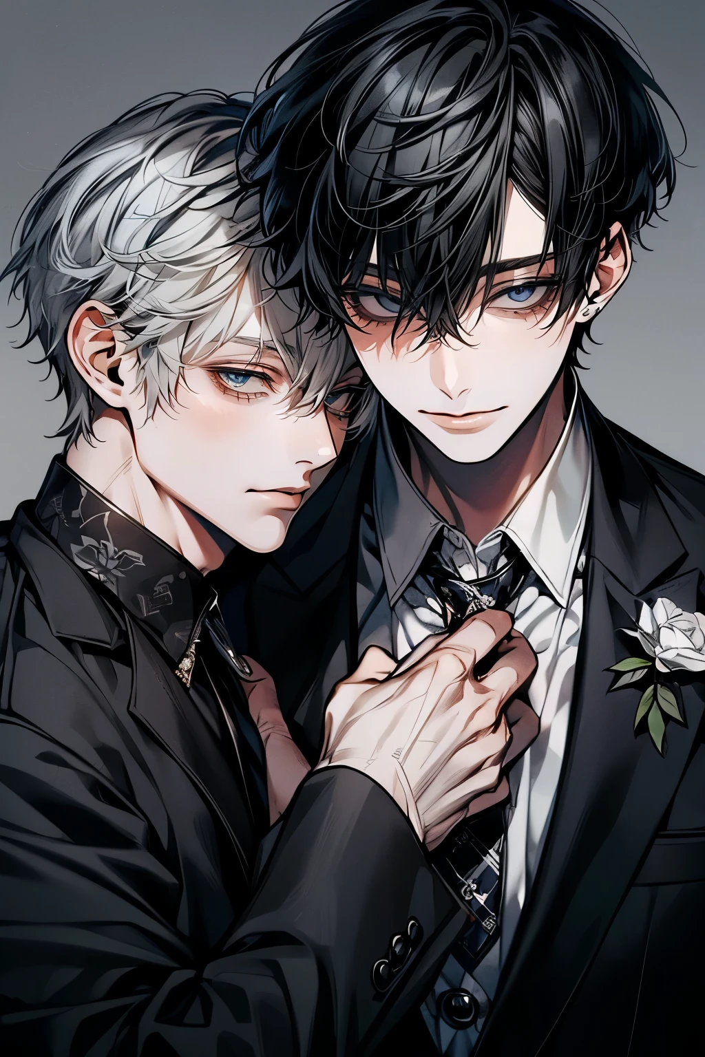 (Mastepiece), (Best Quality), Very detailed, ((Two Men:1.5)), Perfect Face, Beautiful Face, Very detailedな顔，(Black-haired man:1.3)，(Grey-haired man:1.3)，suit，shirt，smile