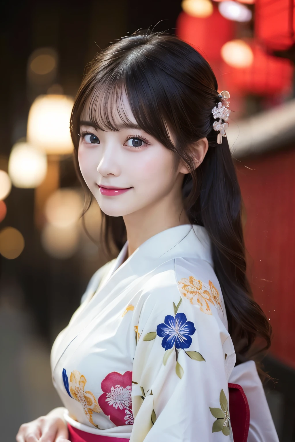 (kimono)、masterpiece、beautiful girl、Beautiful detailed eyes、highest quality, 超A high resolution, (reality: 1.2), Cinema Lighting、(Japanese Girls)、so beautiful、Beautiful Skin、(Looking at the audience)、(Surreal)、(High resolution)、(8k)、(Very detailed)、(Beautiful fine details)、(Very detailed)、 (wallpaper)、Detailed face、Bright lighting、Professional Lighting、Smile