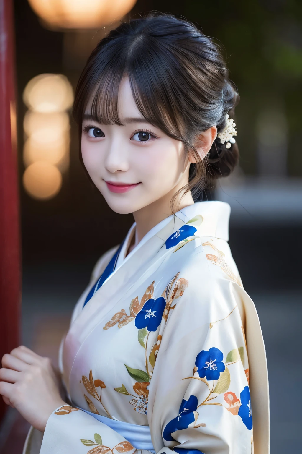 (kimono)、masterpiece、beautiful girl、Beautiful detailed eyes、highest quality, 超A high resolution, (reality: 1.2), Cinema Lighting、(Japanese Girls)、so beautiful、Beautiful Skin、(Looking at the audience)、(Surreal)、(High resolution)、(8k)、(Very detailed)、(Beautiful fine details)、(Very detailed)、 (wallpaper)、Detailed face、Bright lighting、Professional Lighting、Smile