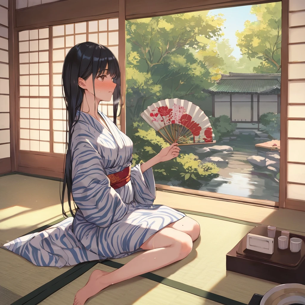 masterpiece, best quality, score_9, score_8, score_7_up, source anime, perfect anatomy, rating explicit, nsfw, absurdity, from above, from side, solo, 1girl, teenager, nude, Japanese-style room with banboo garden view, tatami, yokozuwari, yukata, breasts out, show off nipple, long hair, black hair, brown eyes, sweat, aroused, nose blush, looking at front, looking another, fan herself with a uchiwa,