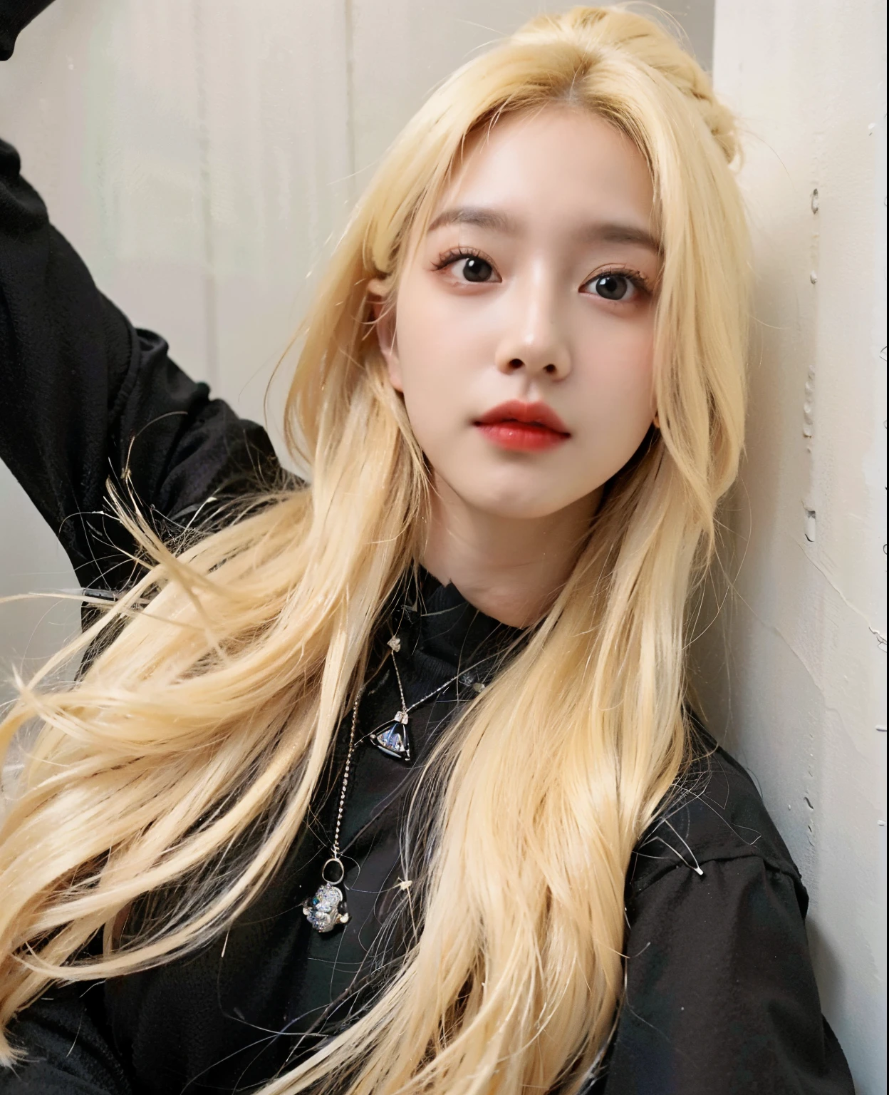 a close-up of a woman with long blonde hair and a black top, Avamax, Best Face, Brutal Korean Goth Girl, pale porcelain white skin, maquiagem sul-korean popular, sakimichan, long blonde hair and big eyes,  korean, long blonde hair and big eyes, with long white hair, 귀엽고 사랑스러운 korean 얼굴, jointed ball doll, Cl