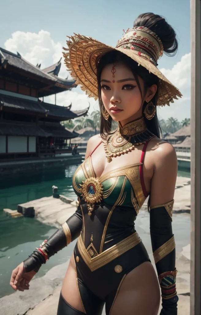 (best quality,4k,8k,highres,masterpiece:1.2), (nsfw: 1.3), ultra-detailed,(realistic,photorealistic,photo-realistic:1.37), trending on ArtStation, portrait, full-body portrait, An Indonesian-styled futuristic suit worn by a girl depicting cultural fusion and modern fashion. The suit is adorned with intricate patterns and vibrant colors, showcasing the rich heritage of Indonesia. The girl stands confidently in a dynamic pose, with her detailed eyes reflecting determination and curiosity. The suit's material is a combination of traditional textiles and futuristic synthetic fabrics, giving it a unique and avant-garde appearance. The overall image quality is of the highest standard, with sharp focus and ultra-detailed rendering. The artwork employs physically-based rendering techniques, resulting in realistic lighting and shadows. The colors are vivid and vibrant, capturing the essence of Indonesian cultural aesthetics. The background features a fusion of modern architecture and traditional elements, creating a harmonious blend of the past and the future. The prompt explores the intersection of Indonesian culture, futuristic design, and the artistic representation of a confident girl.