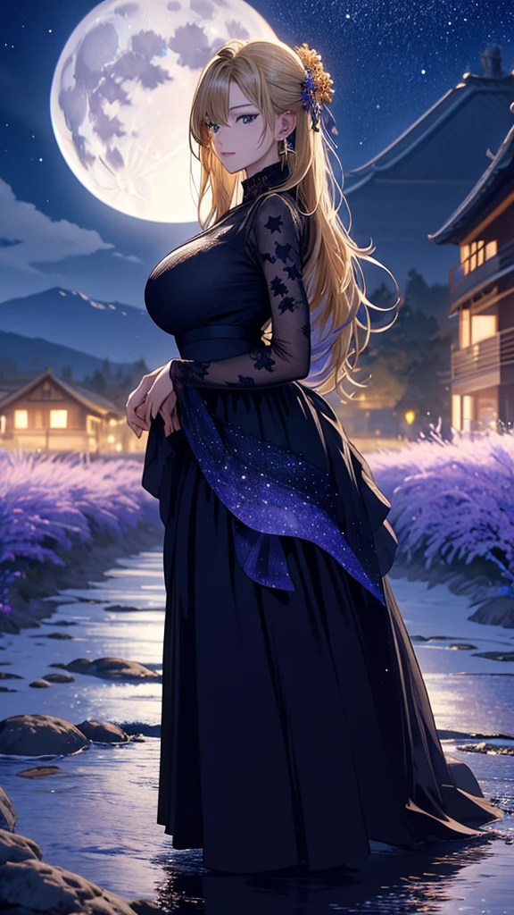 masterpiece, high quality, 4K, Beautiful design, silhouette，blonde， 非常に詳細な夜のStarry Sky,Flower Field， wonderful, Finer details,  Very knowledgeable woman, Highly detailed solo, 1 female,Big Breasts，dress，Night view，Starry Sky，full moon，