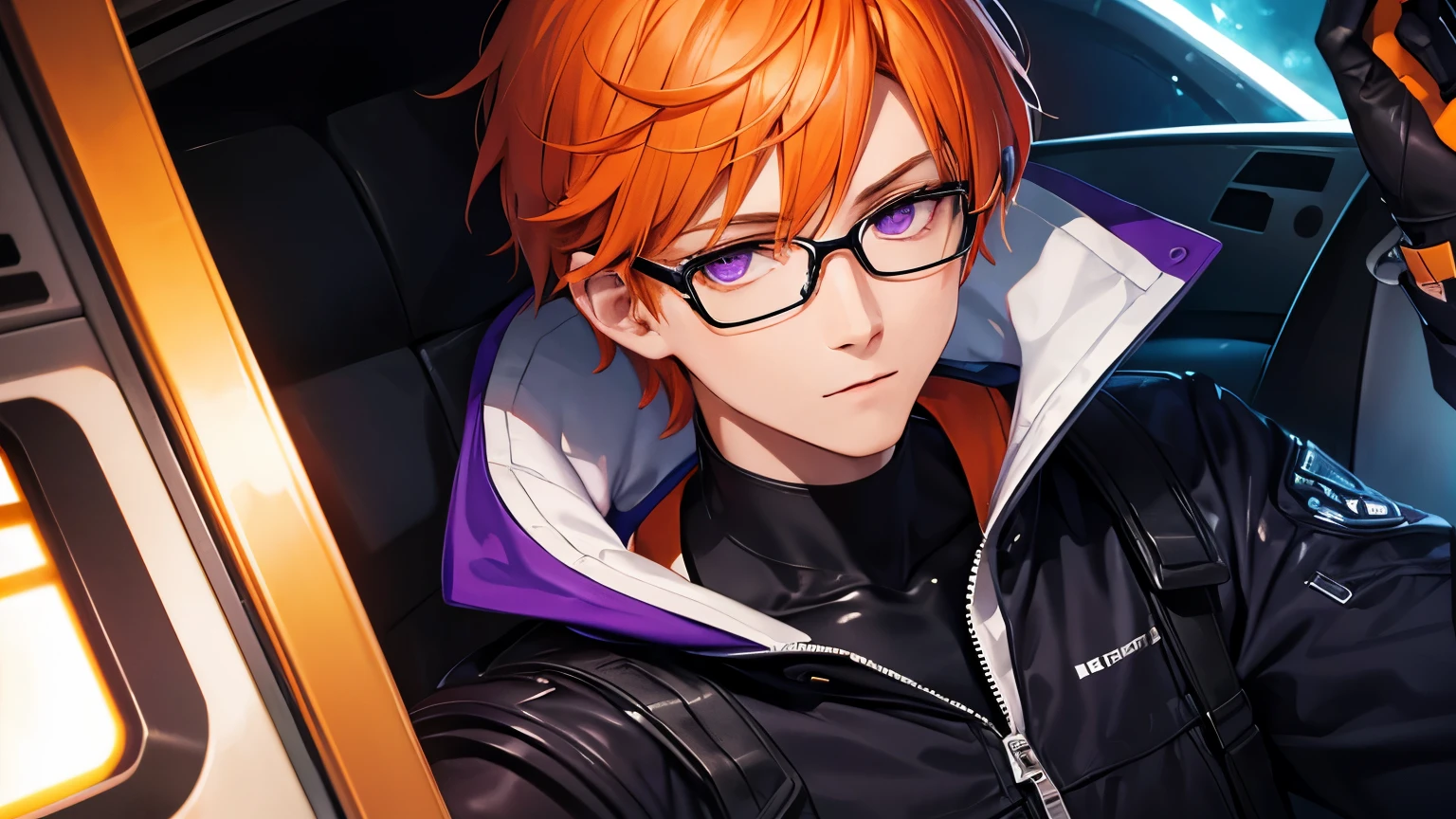 epic scene a close up half body person in jacket, illustration of an orange-haired male character with purple eyes and glasses, His personality is INTJ and intersted in technology.